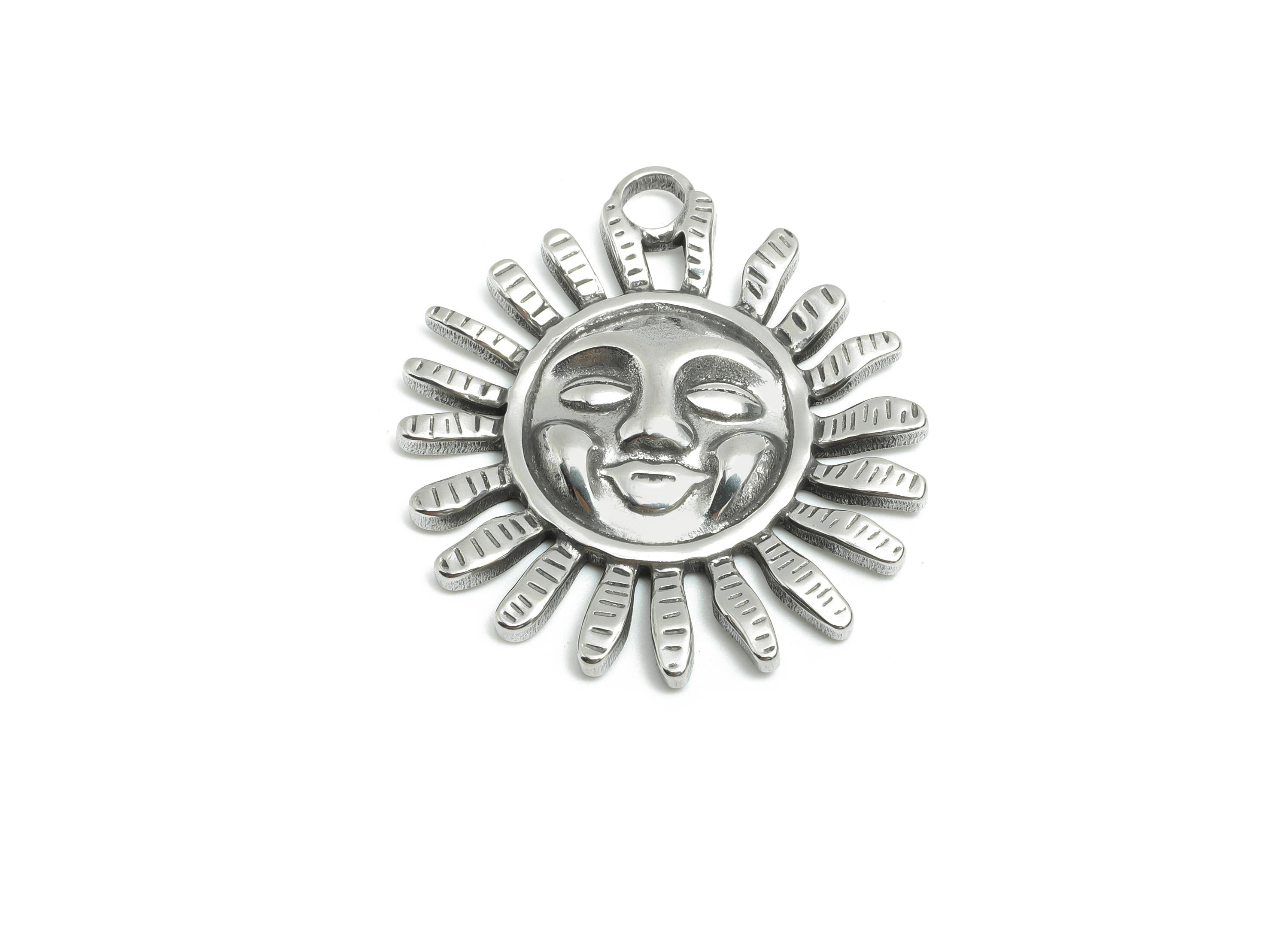 Steel Sun Face Charm - Shining Celestial Sun Pendant - Happy Sun Design - Boho Sun Necklace Pendant - Steel Jewelry - 33x29.5x3.6mm - SS1975 - DOMEDBAZAAR