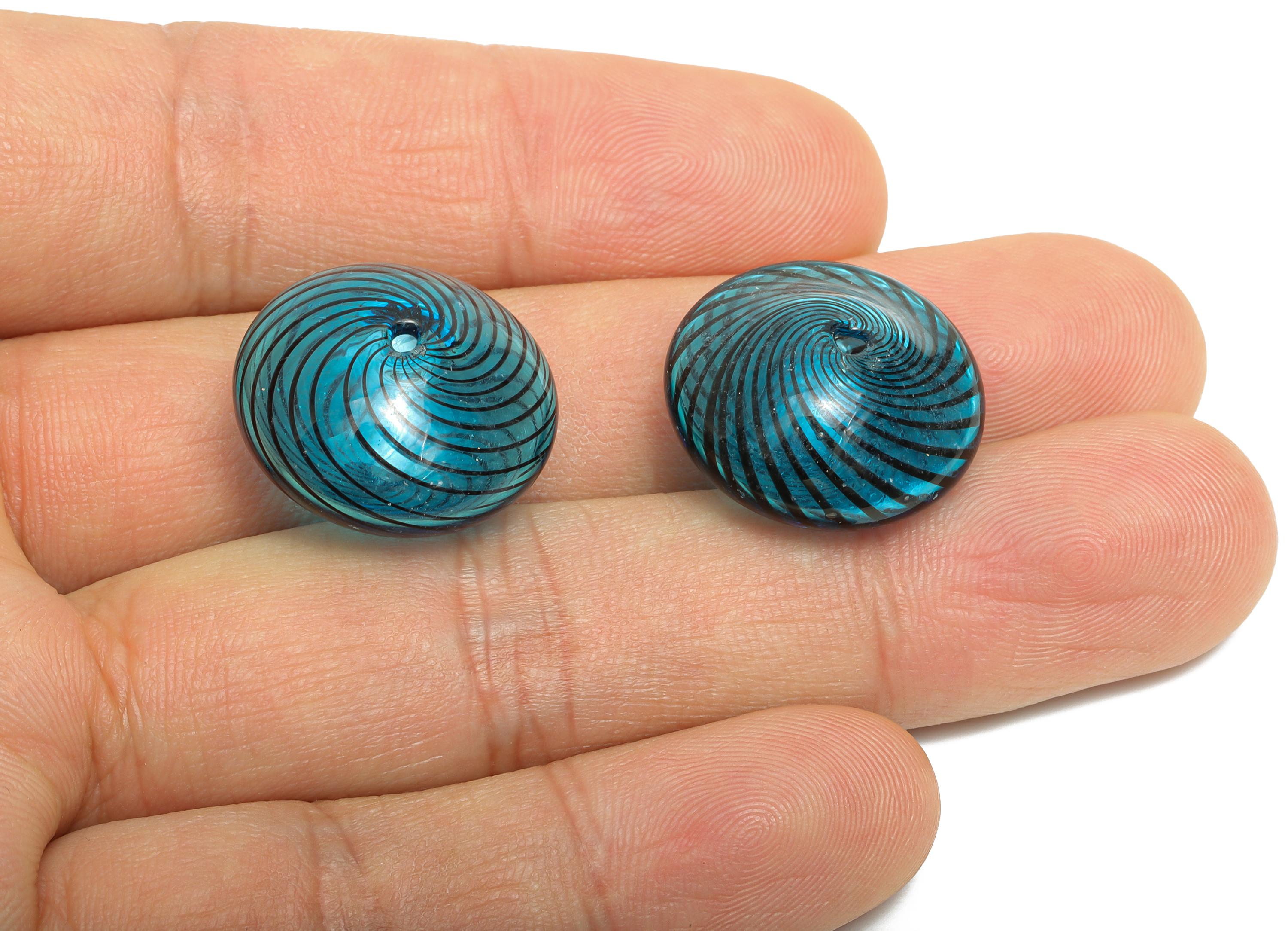 Candy Swirl Glass Beads - Enamel Blue Peppermint Twist Lampwork Bead - Handmade Blue Striped Donut Glass Beads - 19.94x20x11mm - GS1346 - DOMEDBAZAAR