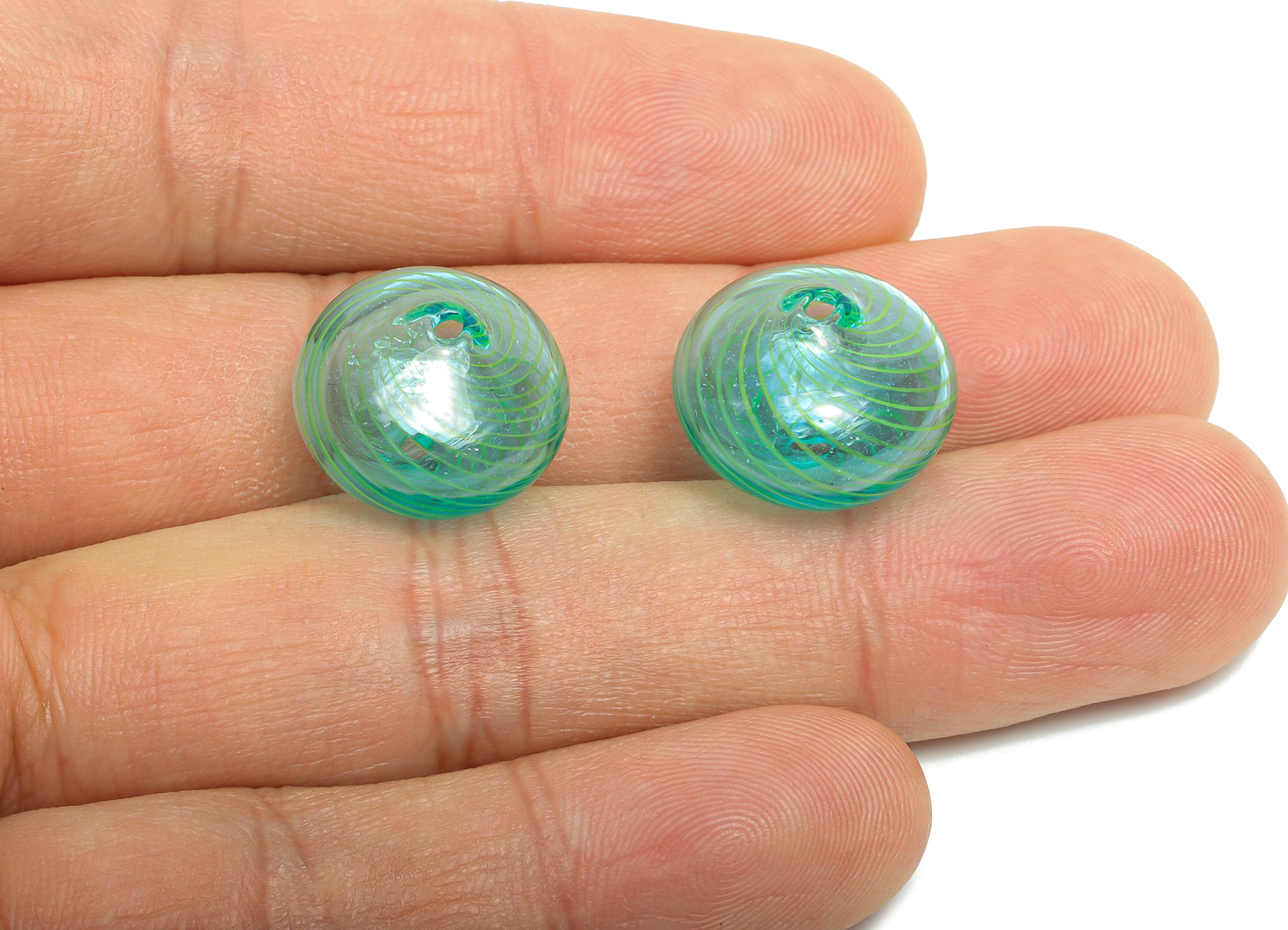 Candy Swirl Glass Beads - Enamel Mint Green Peppermint Twist Lampwork Bead - Handmade Striped Donut Glass Beads - 16x16x12.64mm - GS1349 - DOMEDBAZAAR