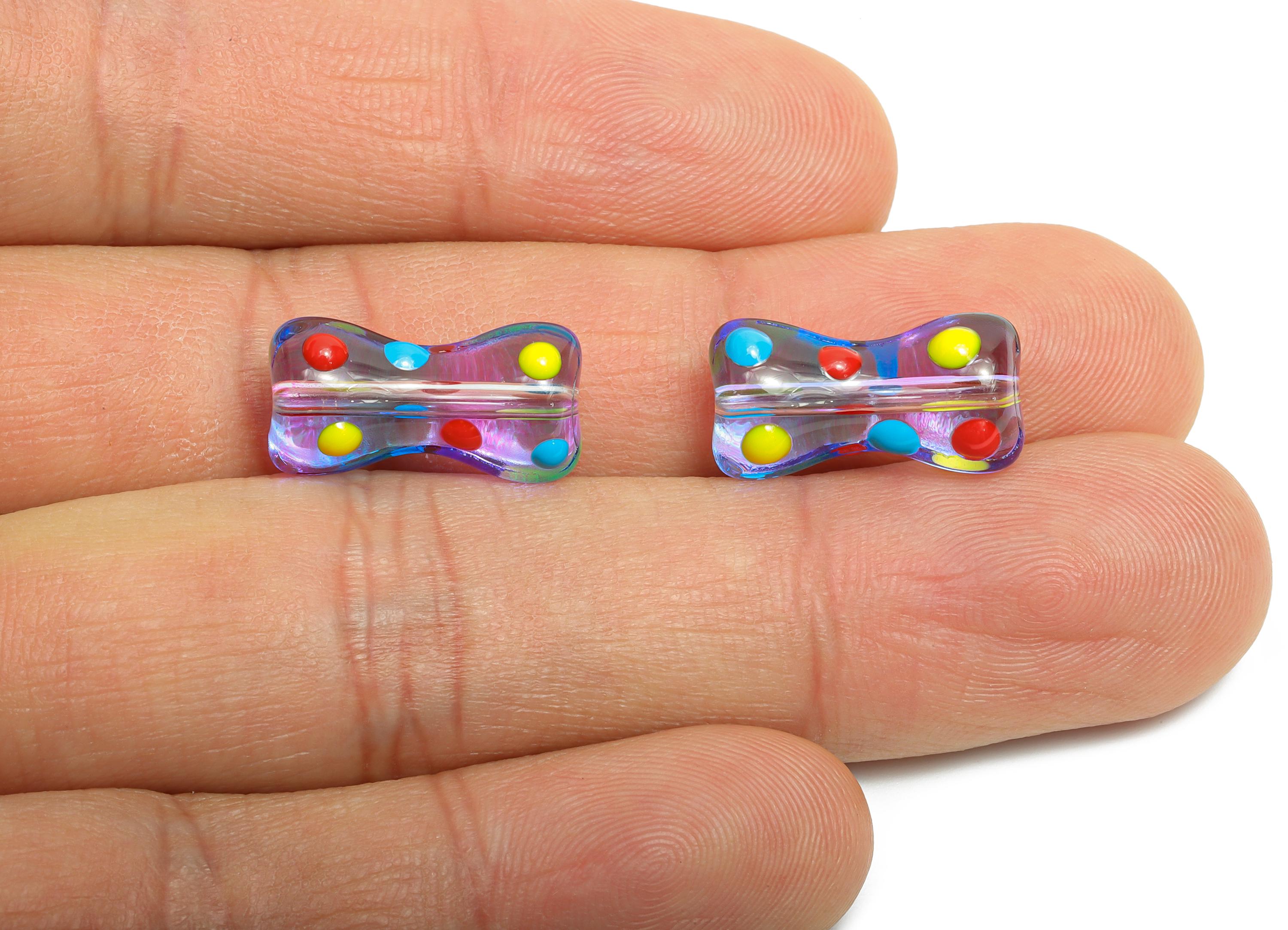 Handmade Glass Bone Beads - Enamel Rainbow Dot Bracelet Bead - Unique Glass Bead for Necklace - Jewelry Making - 17.56x9x7.67mm - GS1341B - DOMEDBAZAAR