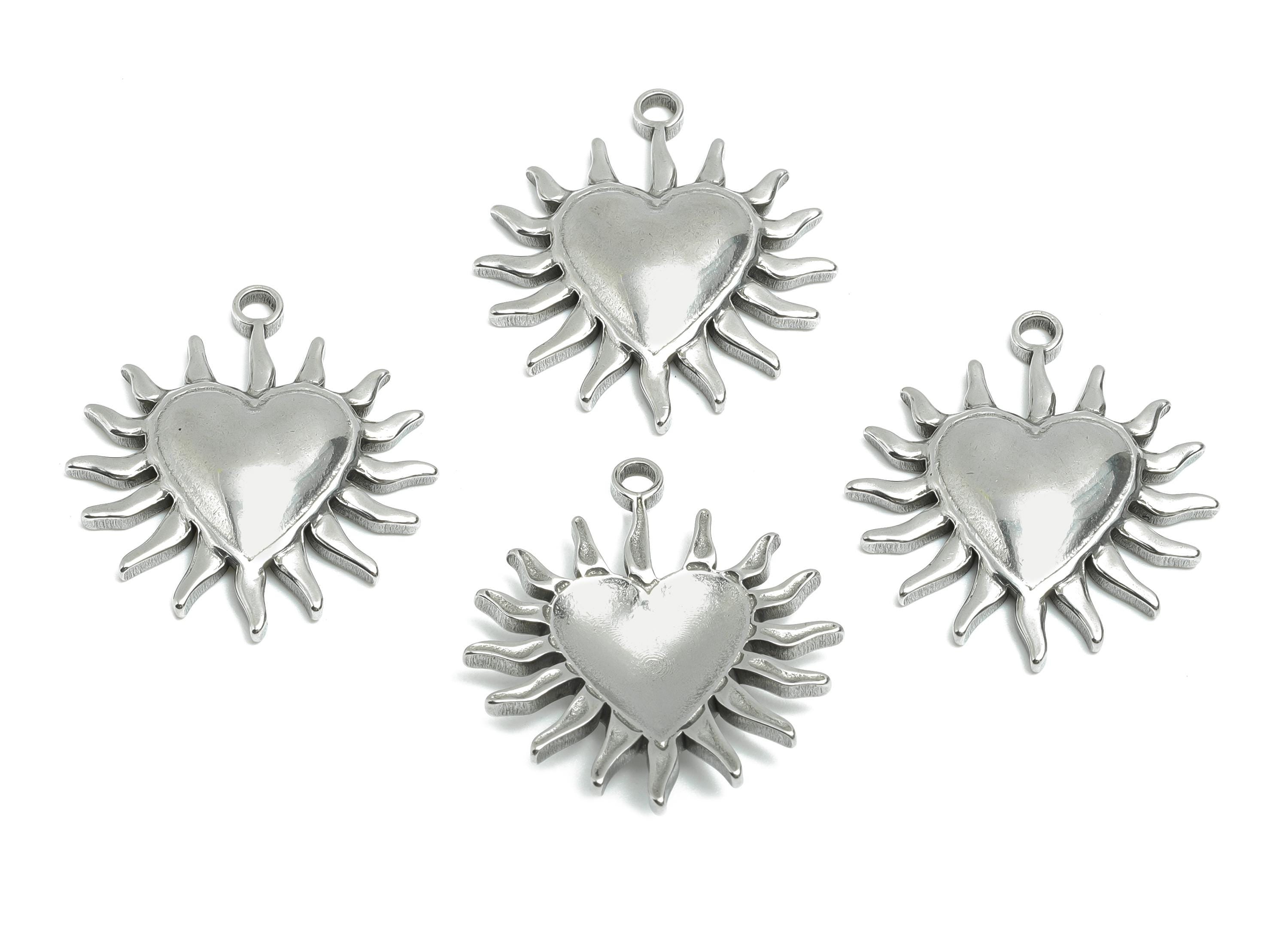 Stainless Steel Heart Charms - Sunburst Heart Necklace Pendant - Modern Silver Heart Charm - Punk Rock Steel Charm - 27x24x4.07mm - SS1740 - DOMEDBAZAAR
