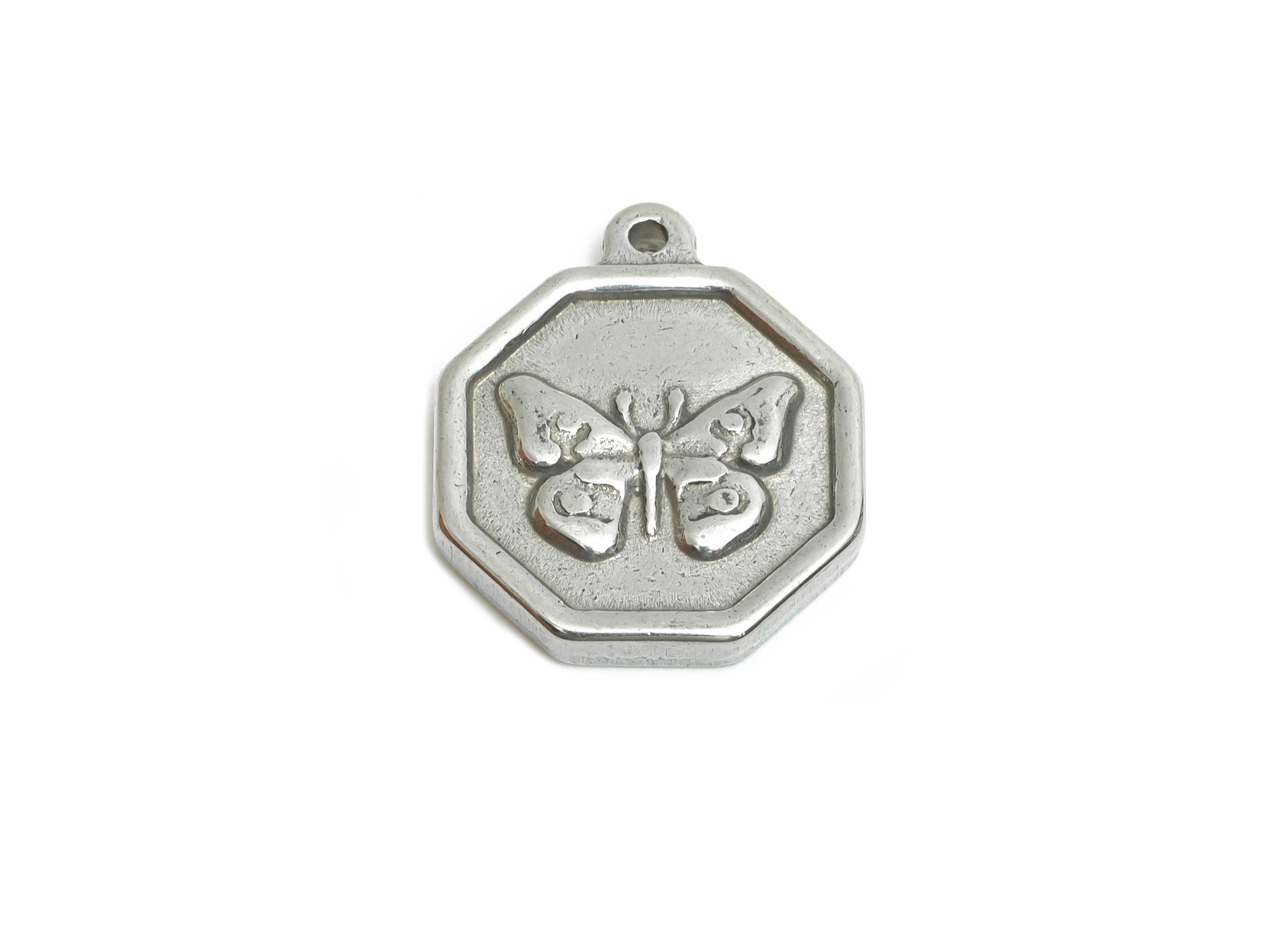 Steel Butterfly Charm - Detailed Silver Insect Charm - Vintage Flying Butterfly Geometric Charm - Steel Jewelry - 18.25x16.37x2.5mm - SS1900 - DOMEDBAZAAR