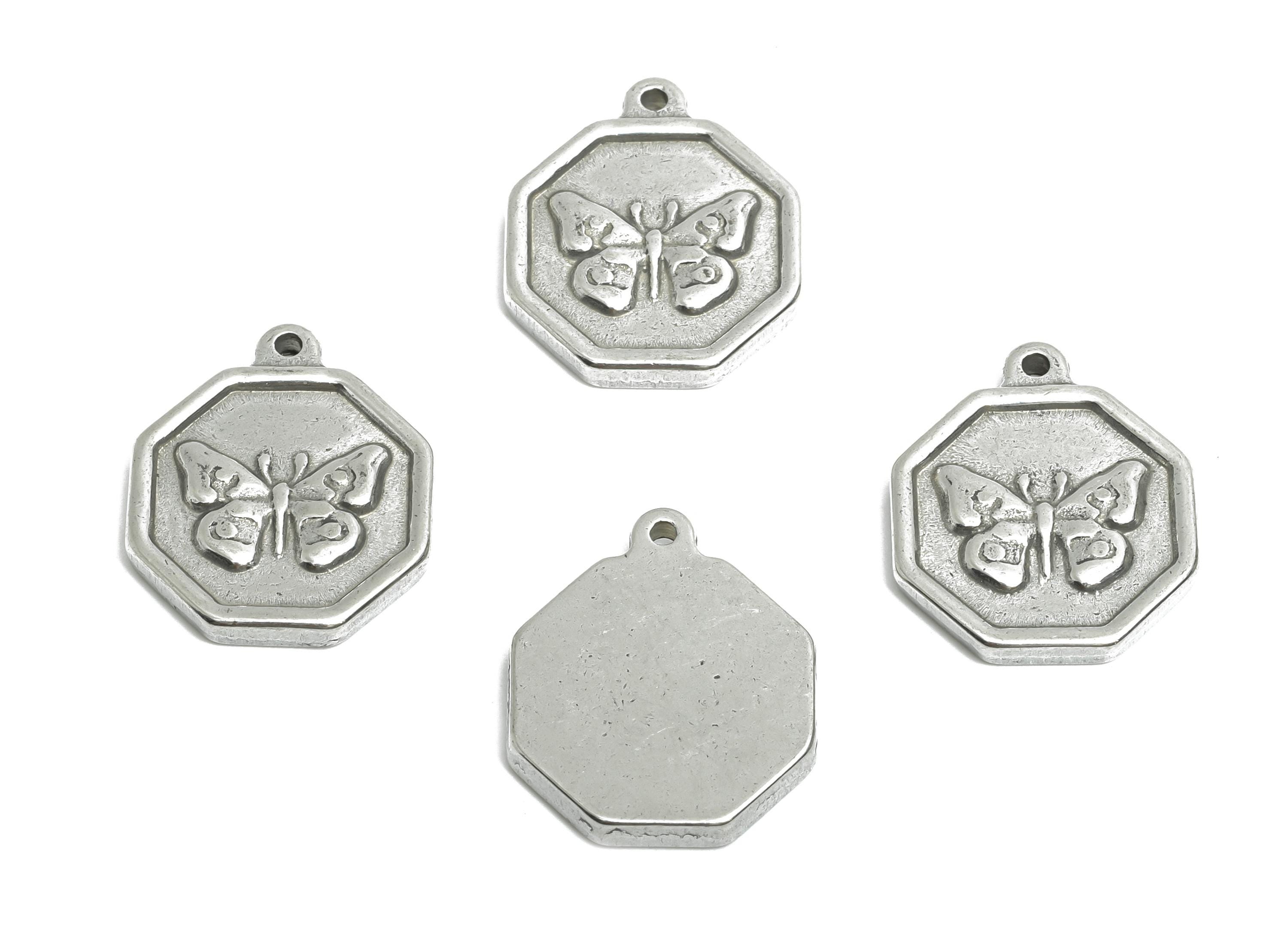 Steel Butterfly Charm - Detailed Silver Insect Charm - Vintage Flying Butterfly Geometric Charm - Steel Jewelry - 18.25x16.37x2.5mm - SS1900 - DOMEDBAZAAR