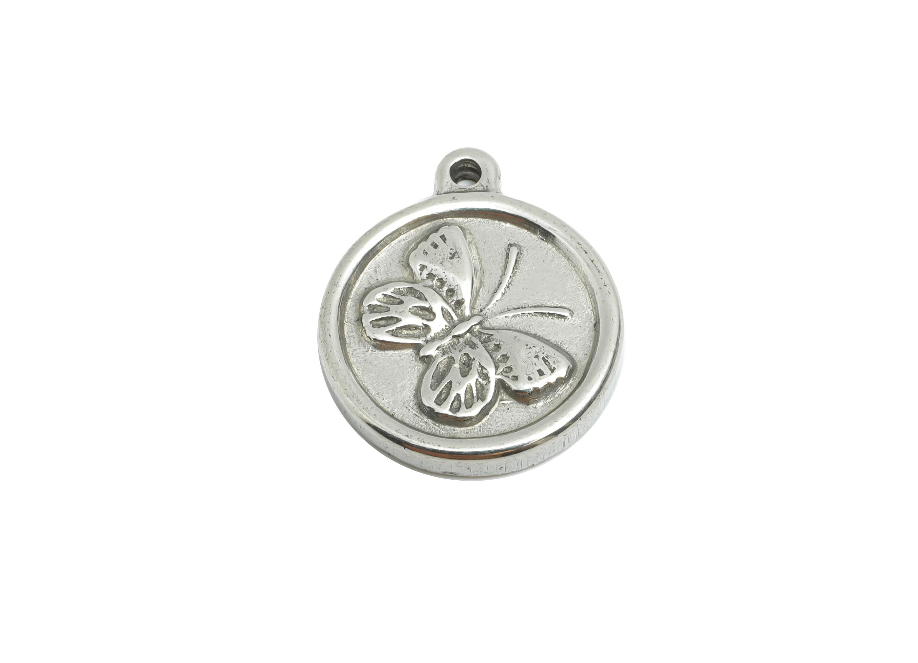 Steel Butterfly Charm - Detailed Silver Insect Charm - Vintage Flying Butterfly Round Charm - Stainless Steel Jewelry - 18x15x2mm - SS1820 - DOMEDBAZAAR