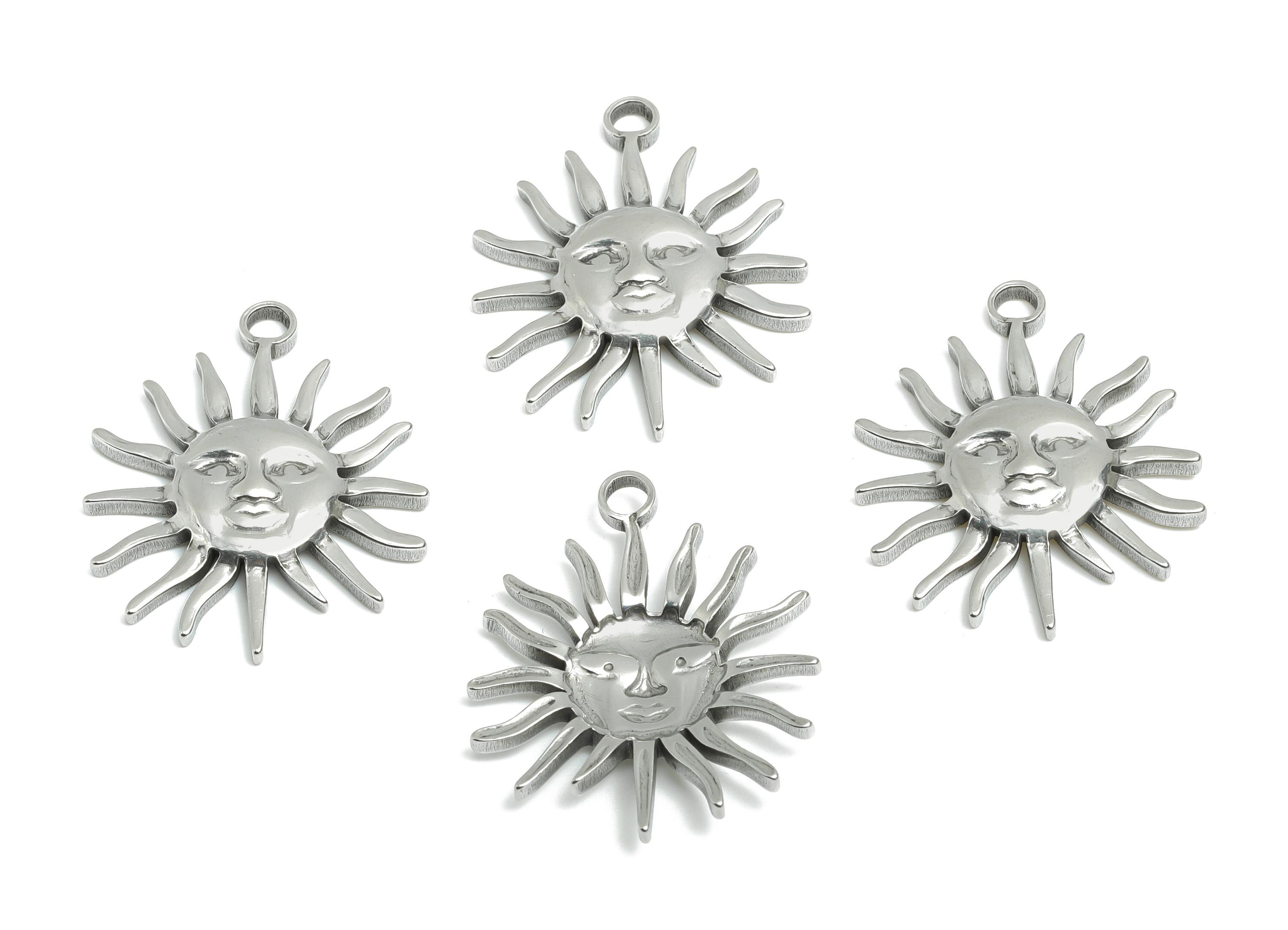 Steel Sun Face Pendant - Radiant Sun Charm For Necklace - Vintage Solar Energy Symbol Charm - Stainless Steel Jewelry - 30x24x3mm - SS1981 - DOMEDBAZAAR
