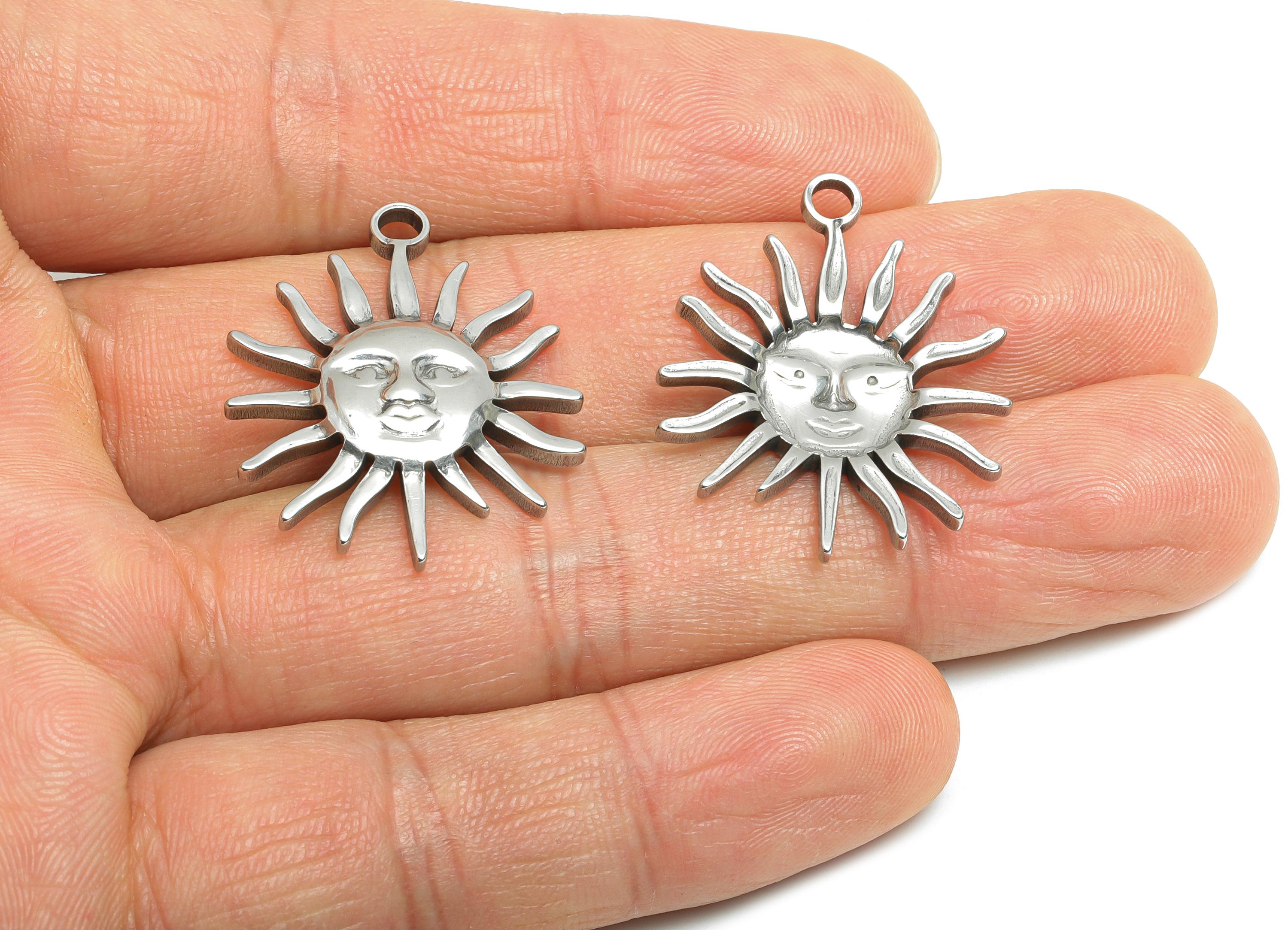 Steel Sun Face Pendant - Radiant Sun Charm For Necklace - Vintage Solar Energy Symbol Charm - Stainless Steel Jewelry - 30x24x3mm - SS1981 - DOMEDBAZAAR