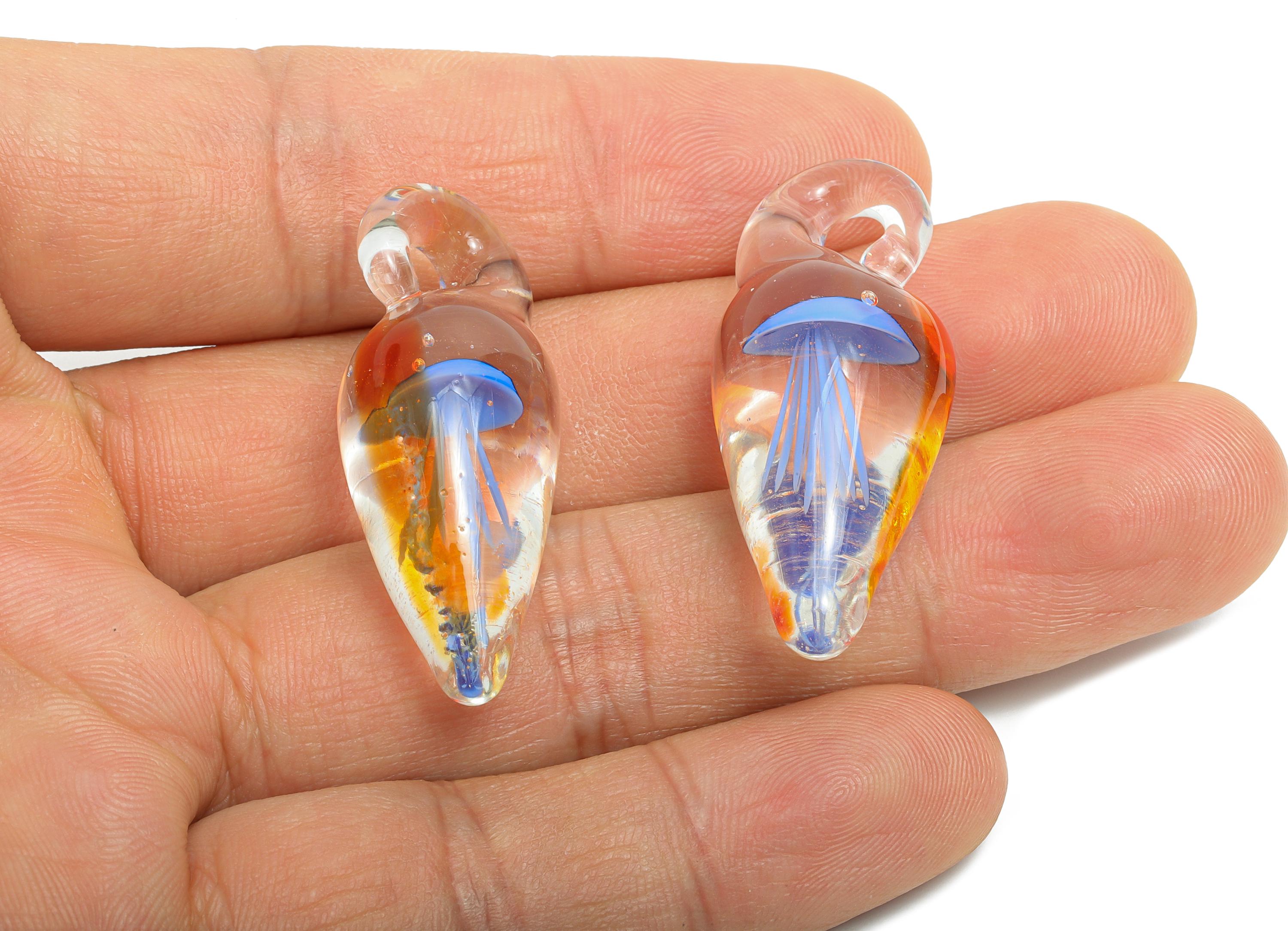 Handmade Glass Jellyfish Pendant - Transparent Teardrop Glass Pendant - Marine Glass Necklace Pendant - Jewelry DIY - 40x15.88x15mm - GS1343 - DOMEDBAZAAR