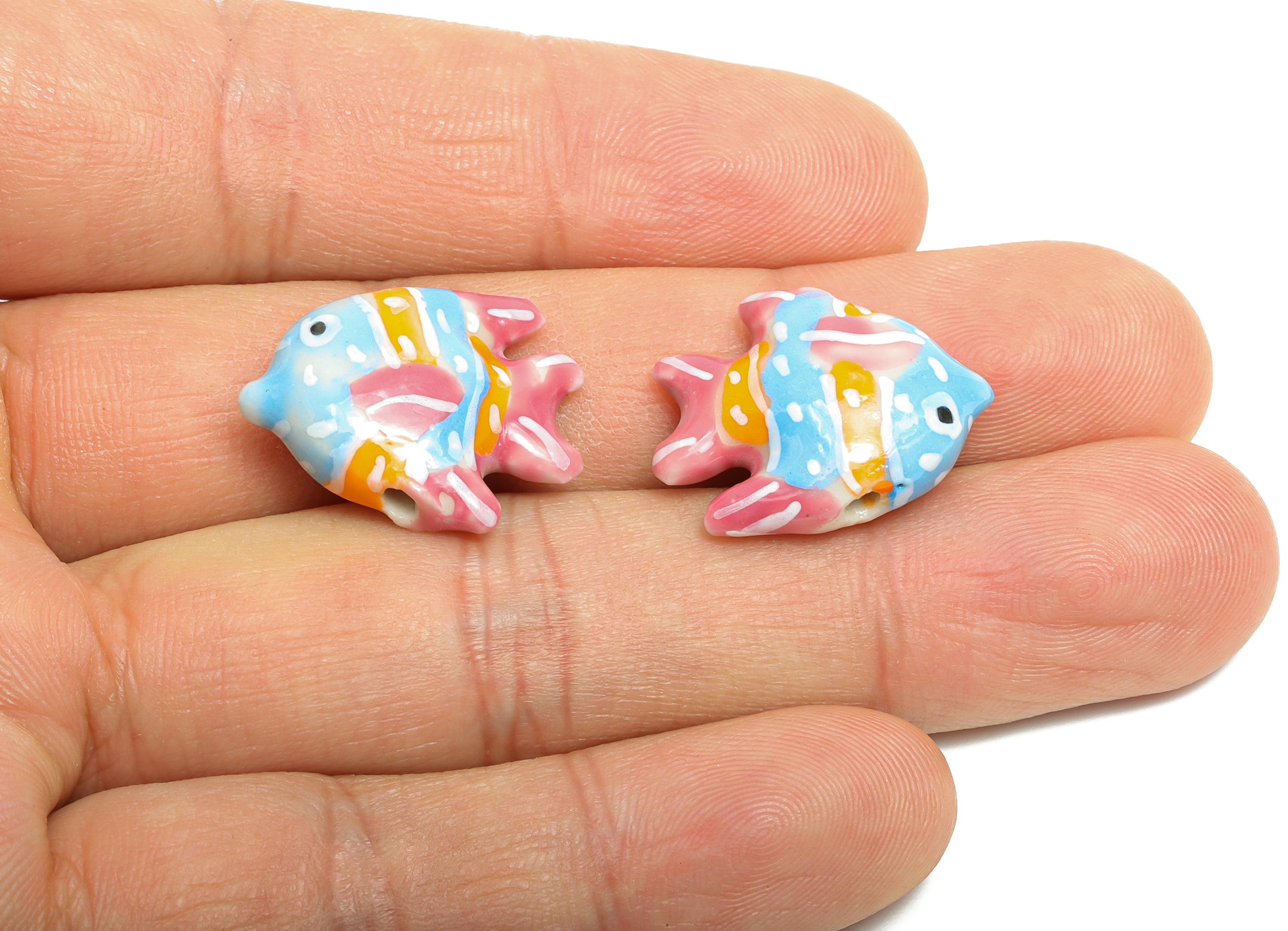 Glazed Ceramic Fish Beads - Colorful Tropical Fish Marine Beads - Handmade Bead Connector - Jewelry Component - 22.51x17.68x7.6mm - GS1328 - DOMEDBAZAAR
