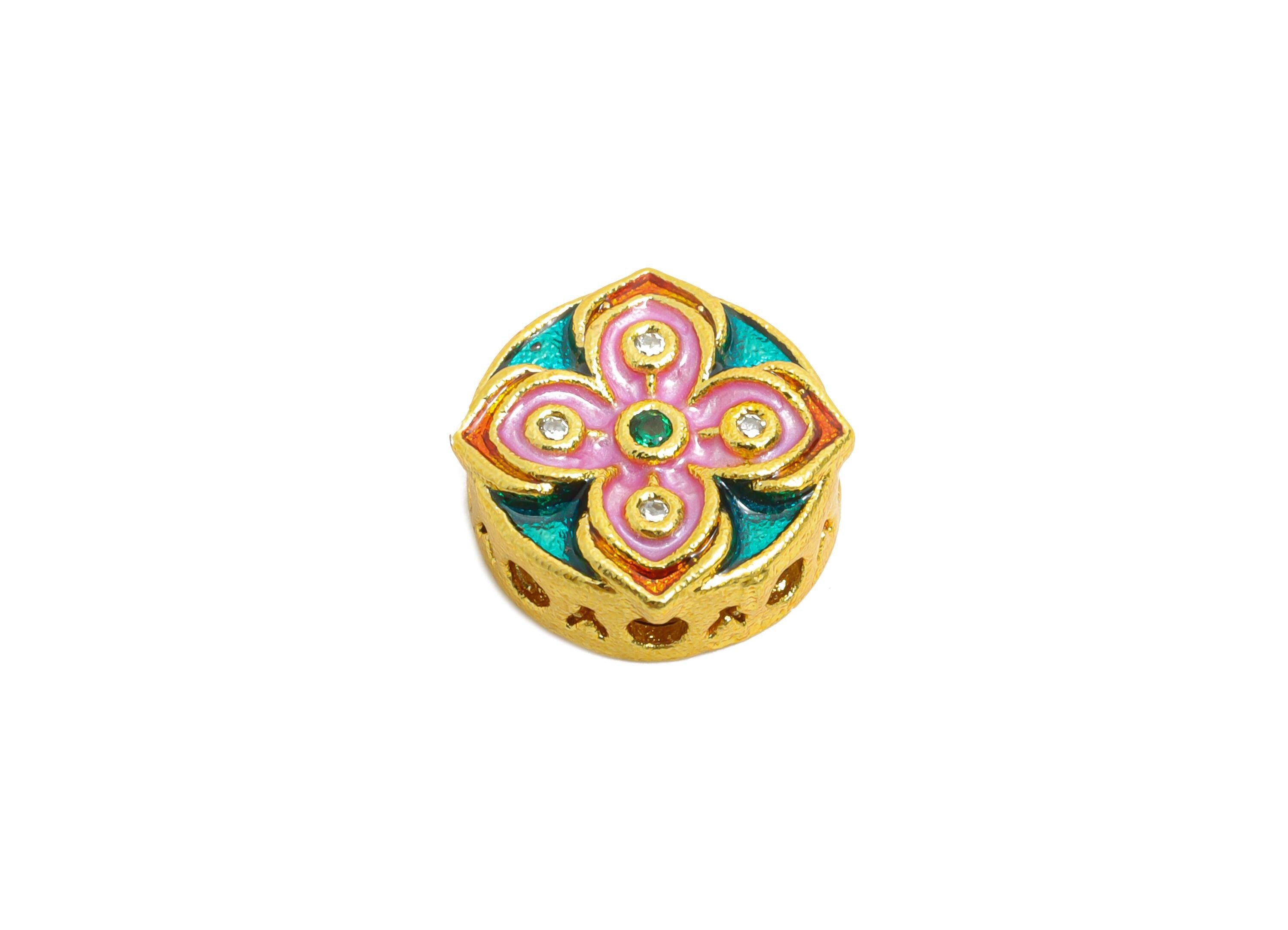 Brass Floral Bead - Colorful Enamel for Bracelets - Cubic Zircon Jewelry Bead - Eastern Bead - 18K Matte Gold - 11x12x4mm - RGP10717 - DOMEDBAZAAR