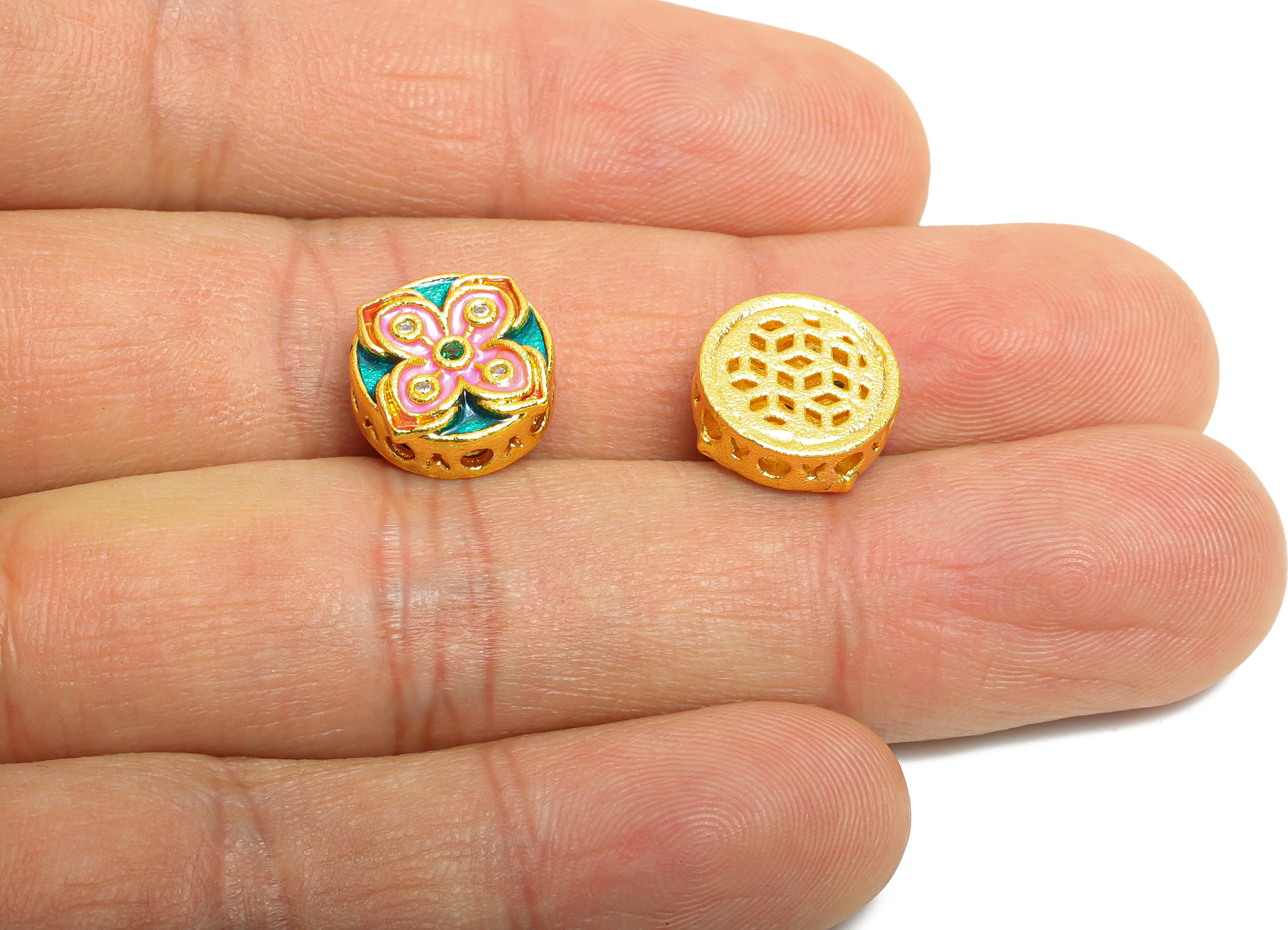 Brass Floral Bead - Colorful Enamel for Bracelets - Cubic Zircon Jewelry Bead - Eastern Bead - 18K Matte Gold - 11x12x4mm - RGP10717 - DOMEDBAZAAR