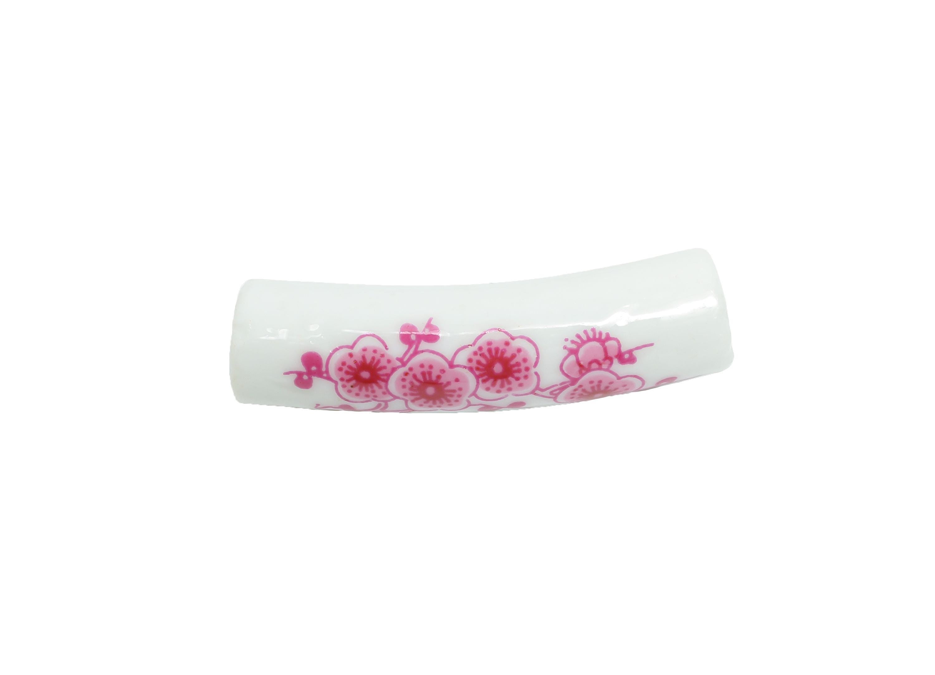 Glazed Ceramic Bracelet Bead - Floral Curved Spacer Tube Beads - Handmade Bead Connector - Jewelry Component - 39.22x11.24x10.1mm - GS1336 - DOMEDBAZAAR