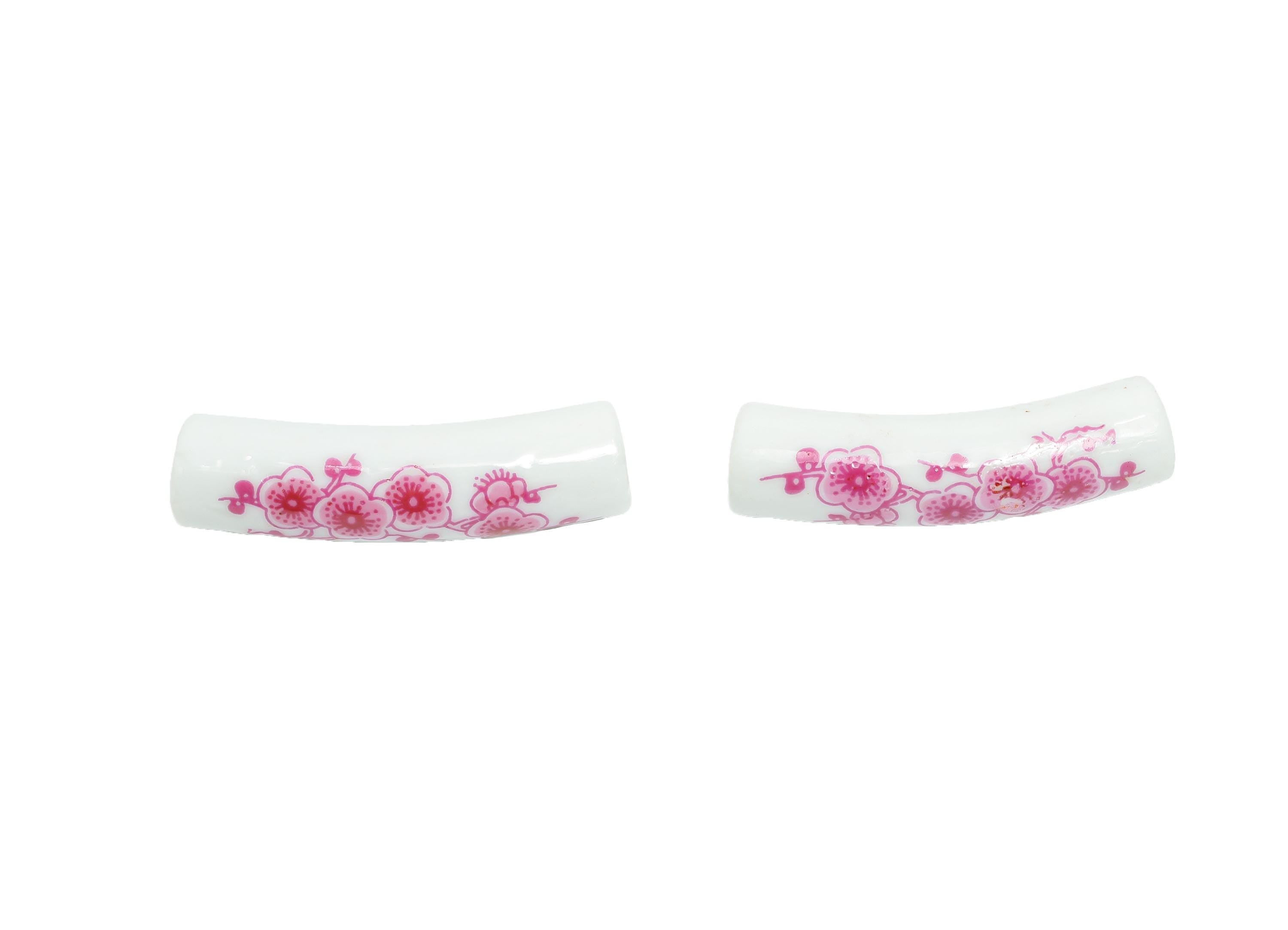 Glazed Ceramic Bracelet Bead - Floral Curved Spacer Tube Beads - Handmade Bead Connector - Jewelry Component - 39.22x11.24x10.1mm - GS1336 - DOMEDBAZAAR