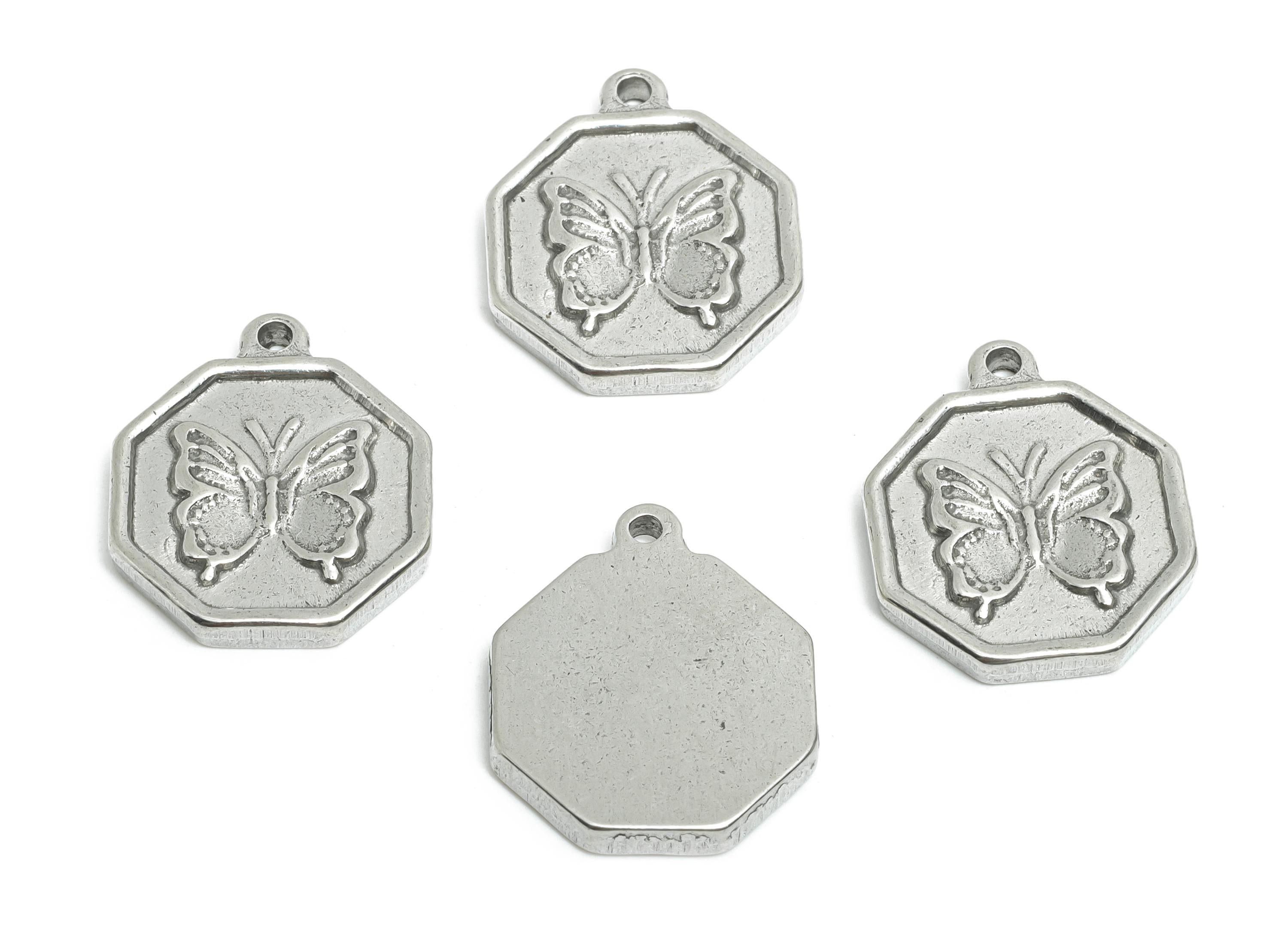 Steel Butterfly Charm - Detailed Silver Insect Charm - Vintage Flying Butterfly Geometric Charm - Steel Jewelry - 18.24x15.5x2.6mm - SS1813 - DOMEDBAZAAR