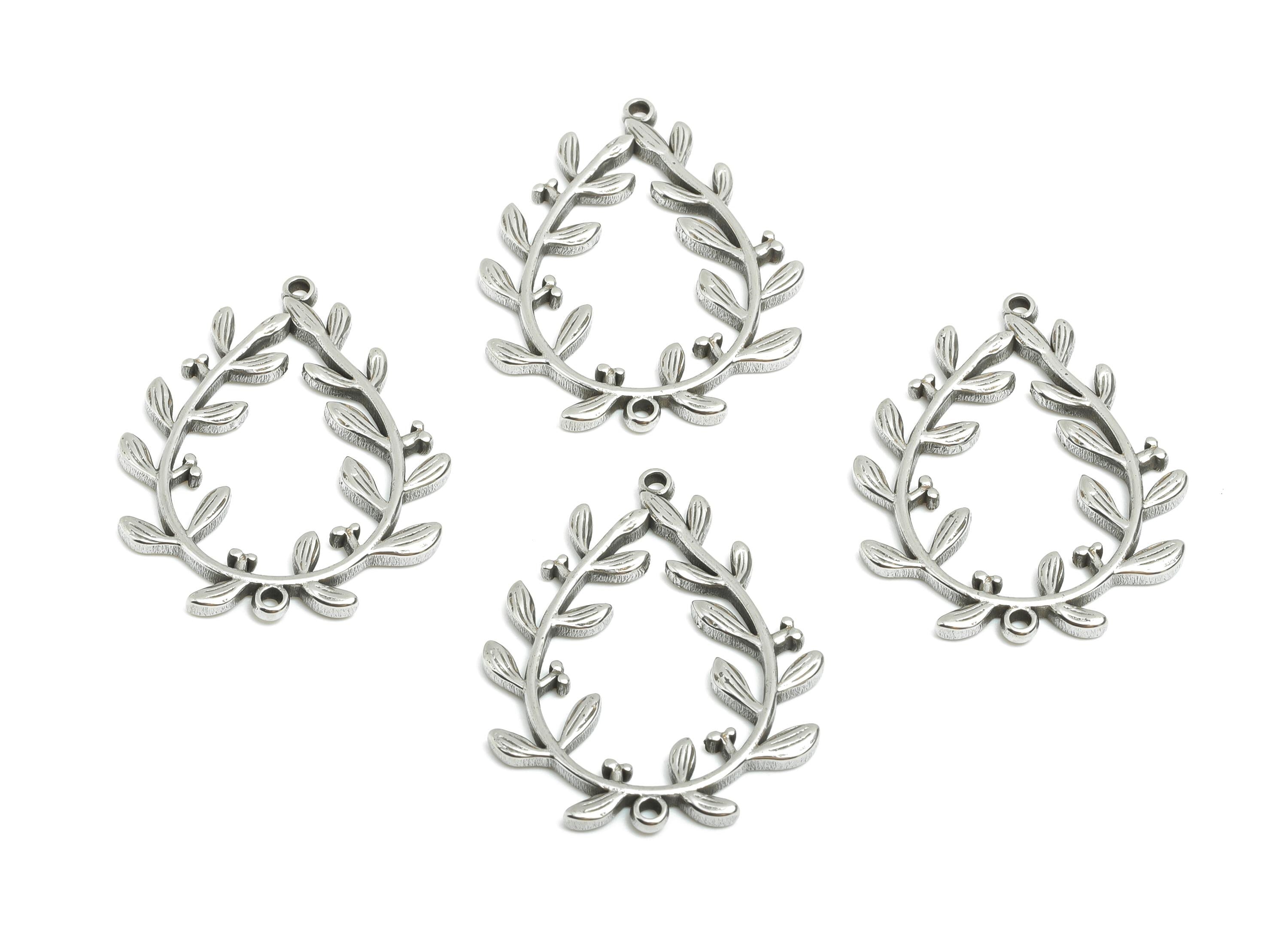 Steel Floral Teardrop Connector - Flower Leaf Drop Charm For Bracelet - Botanical Boho Charms - Stainless Steel Jewelry - 28x22x1mm - SS1732 - DOMEDBAZAAR