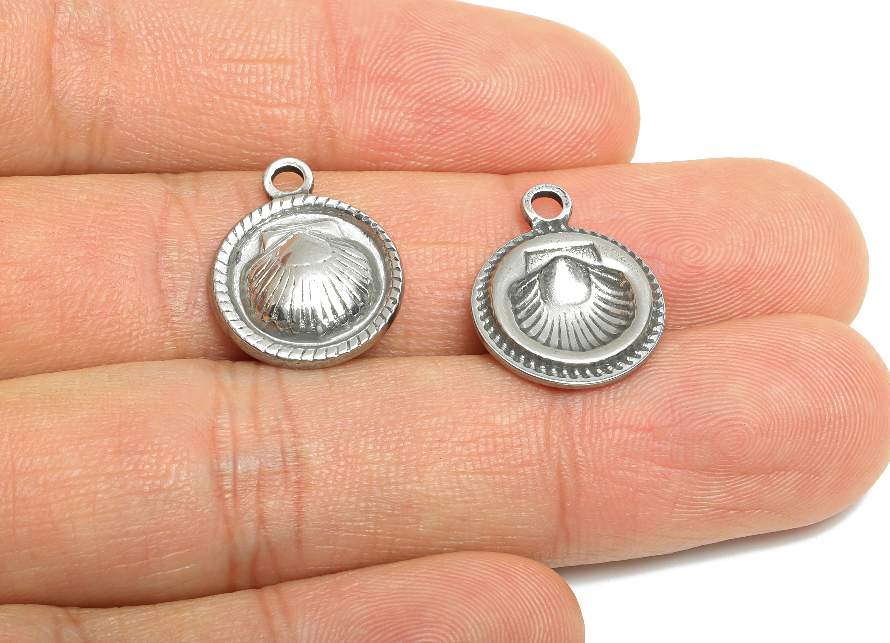 Steel Shell Pendant - Textured Seashell Charm for Necklace - Marine Coastal Shell Pendant - Stainless Steel Jewelry - 18.7x14.9x3mm - SS1901 - DOMEDBAZAAR