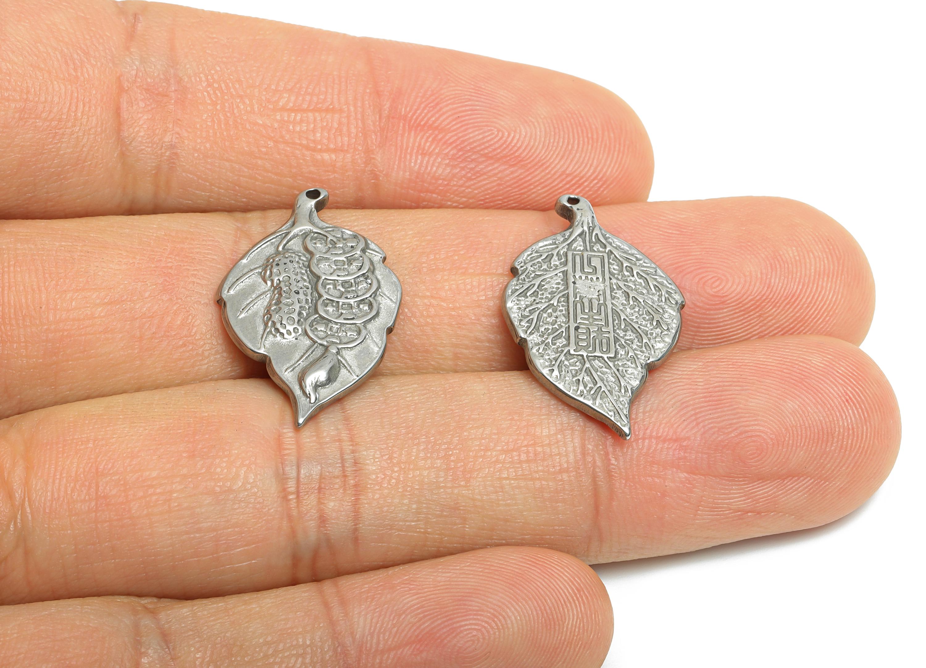 Stainless Steel Leaf Pendant - Textured Decorative Jewelry Making Supplies - Boho Chic Botanical Jewelry Pendant - 25x15x2.38mm - SS1902 - DOMEDBAZAAR