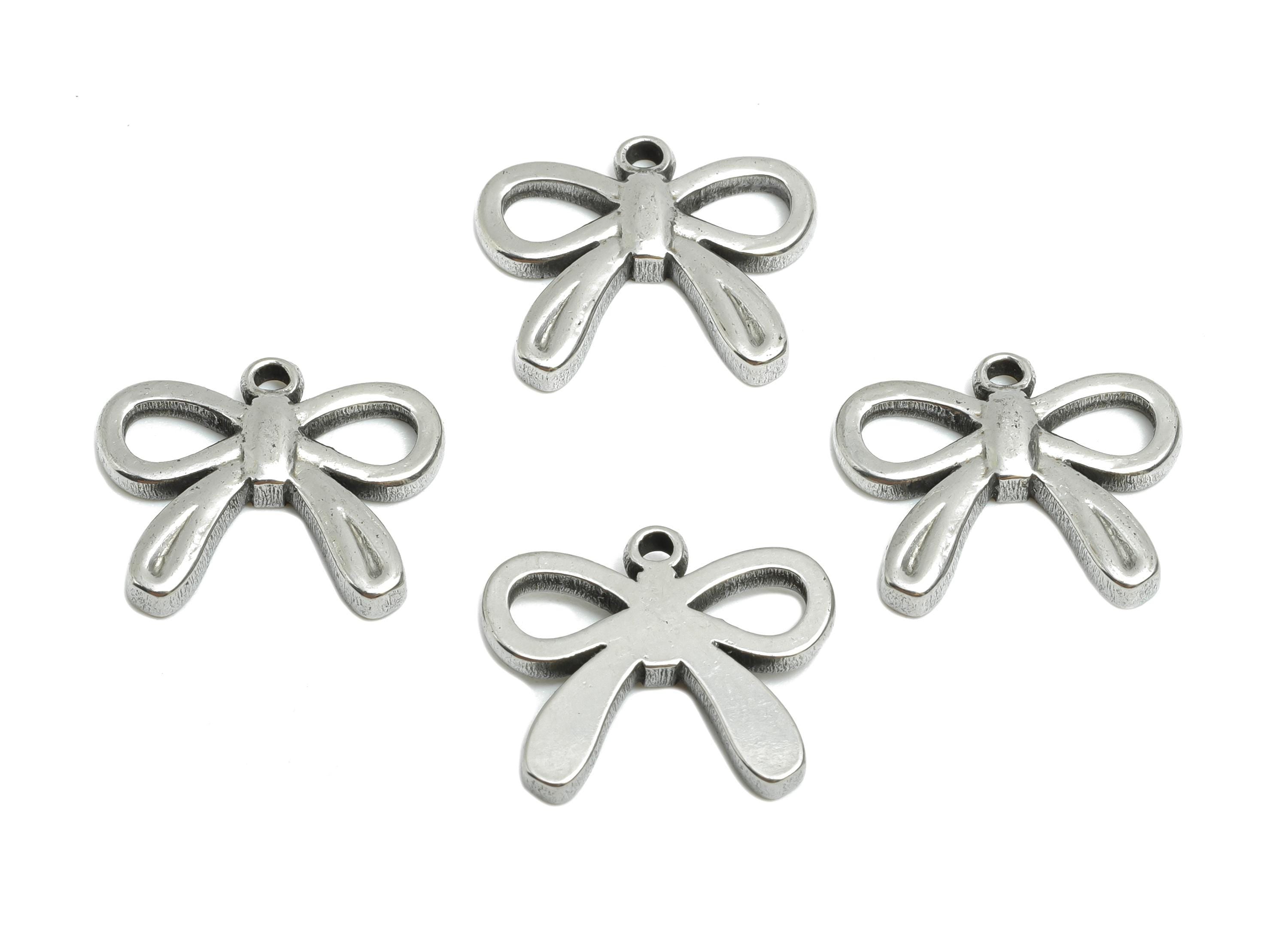 Stainless Steel Bow Pendant - Steel Ribbon Charms for Necklace - Jewelry Making Supplies - Chic Charm for Bracelet - 12x15x2.4mm - SS1838 - DOMEDBAZAAR