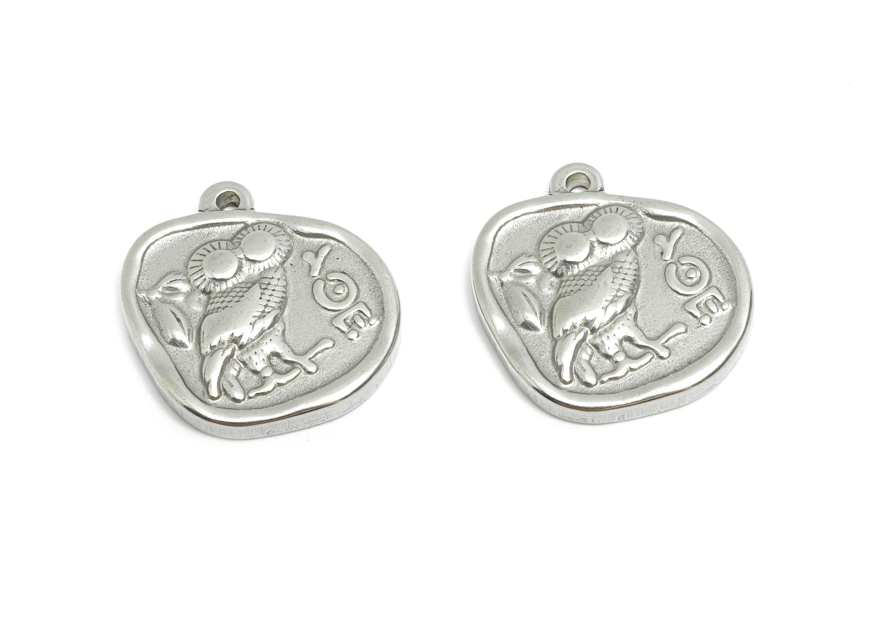 Steel Owl Coin Pendant - Wise Owl Pendant for Necklace - Vintage Owl Coin Greek Inscription Pendant - Steel Finding - 19x19x2mm - SS1970 - DOMEDBAZAAR