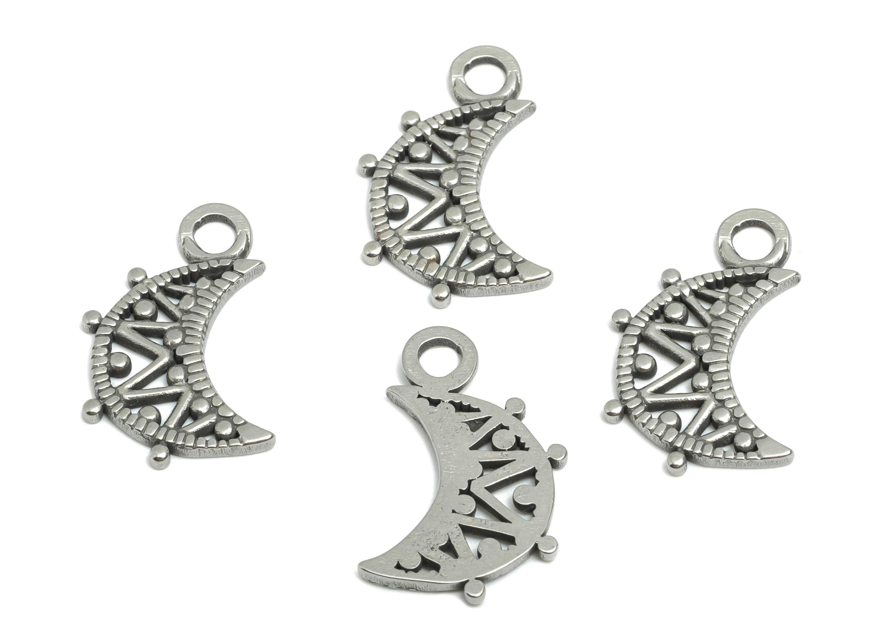 Stainless Steel Crescent Charms - Celestial Moon Pendant for Necklace - Moon Mandala Charm - Steel Finding - 21x12x1.36mm - SS1954 - DOMEDBAZAAR