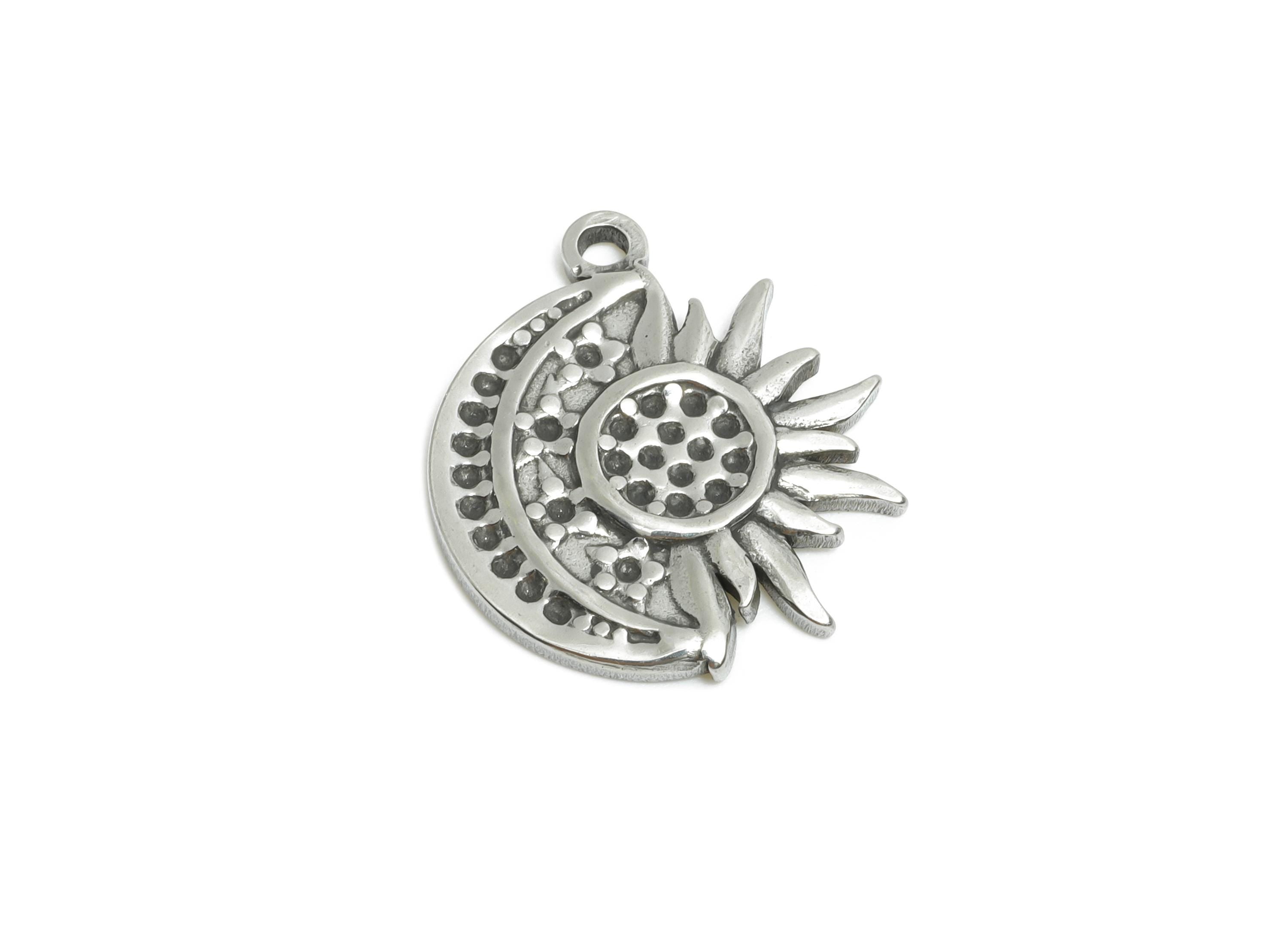 Steel Crescent Charms - Celestial Sunflower Pendant for Necklace - Sun and Moon Spiritual Charm - Steel Finding - 18x15x1.77mm - SS1895 - DOMEDBAZAAR