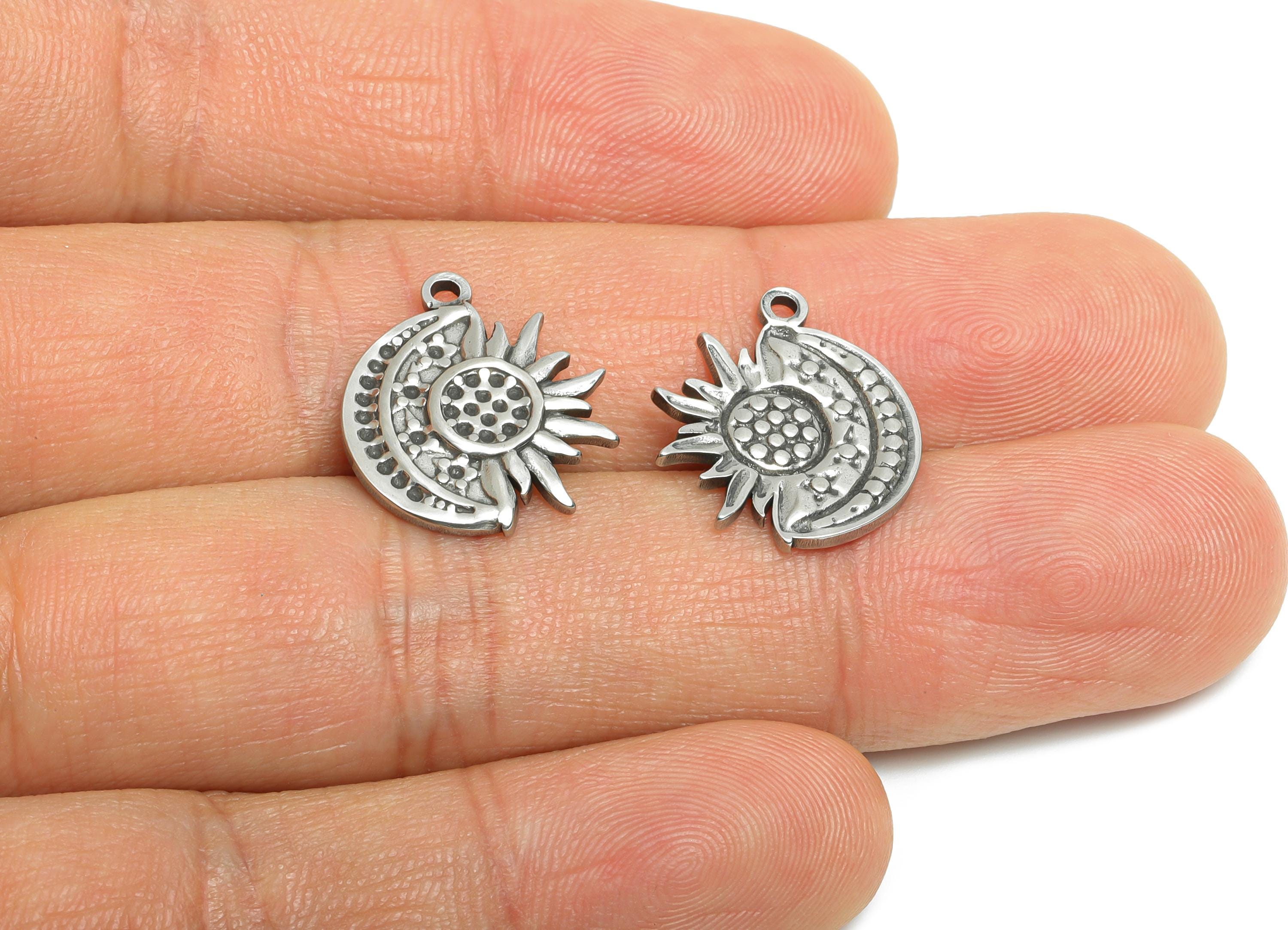 Steel Crescent Charms - Celestial Sunflower Pendant for Necklace - Sun and Moon Spiritual Charm - Steel Finding - 18x15x1.77mm - SS1895 - DOMEDBAZAAR