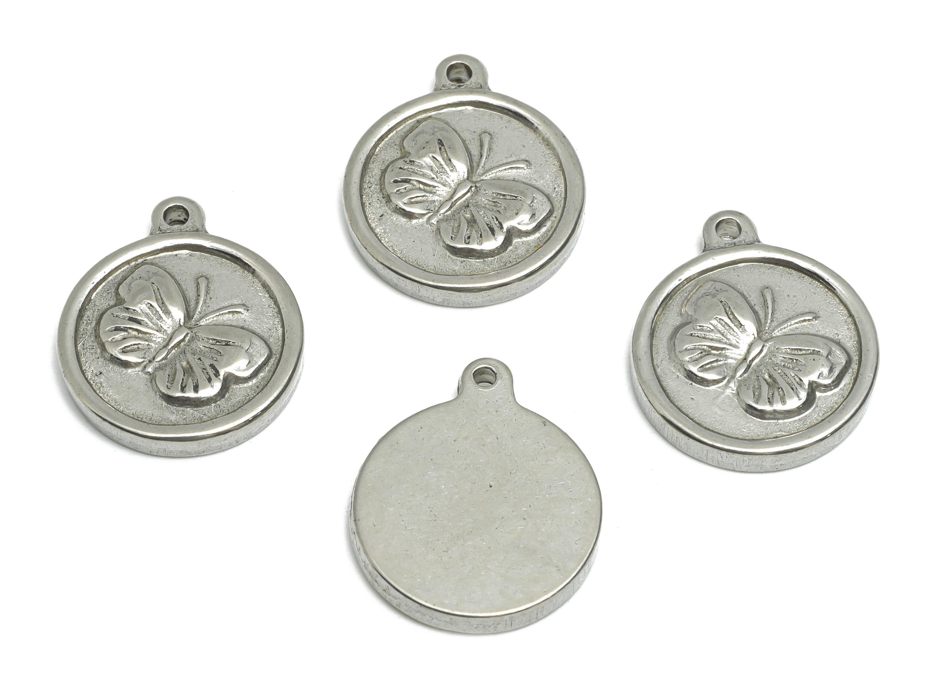 Steel Butterfly Charm - Detailed Silver Insect Charm - Vintage Flying Butterfly Round Charm - Stainless Steel Jewelry - 18x15x2mm - SS1920 - DOMEDBAZAAR