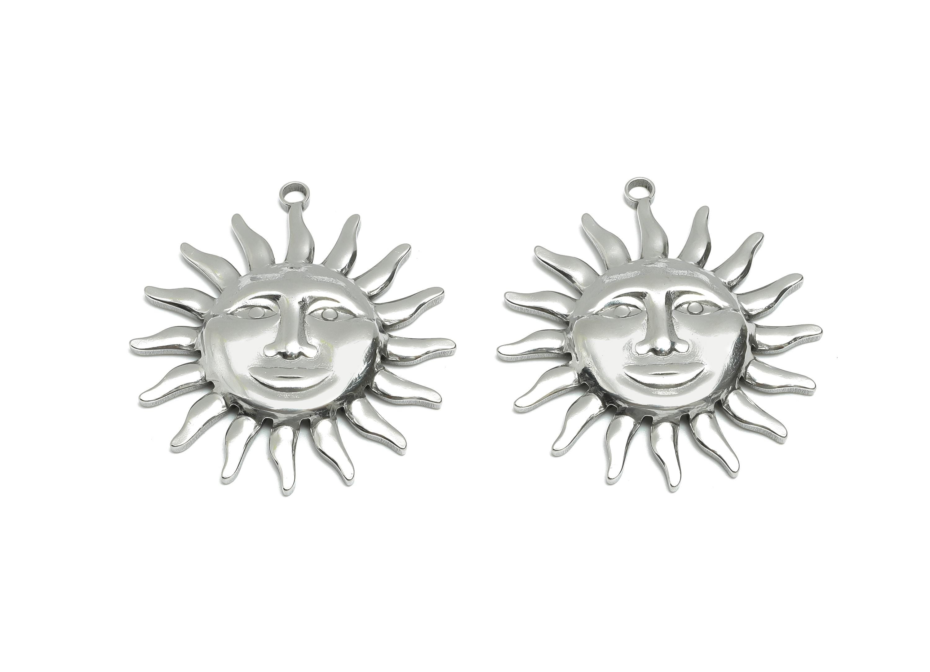 Steel Sun Face Pendant - Radiant Sun Pendant for Necklace - Vintage Solar Symbol Pendant - Stainless Steel Jewelry - 40x37.2x3.49mm - SS1983 - DOMEDBAZAAR