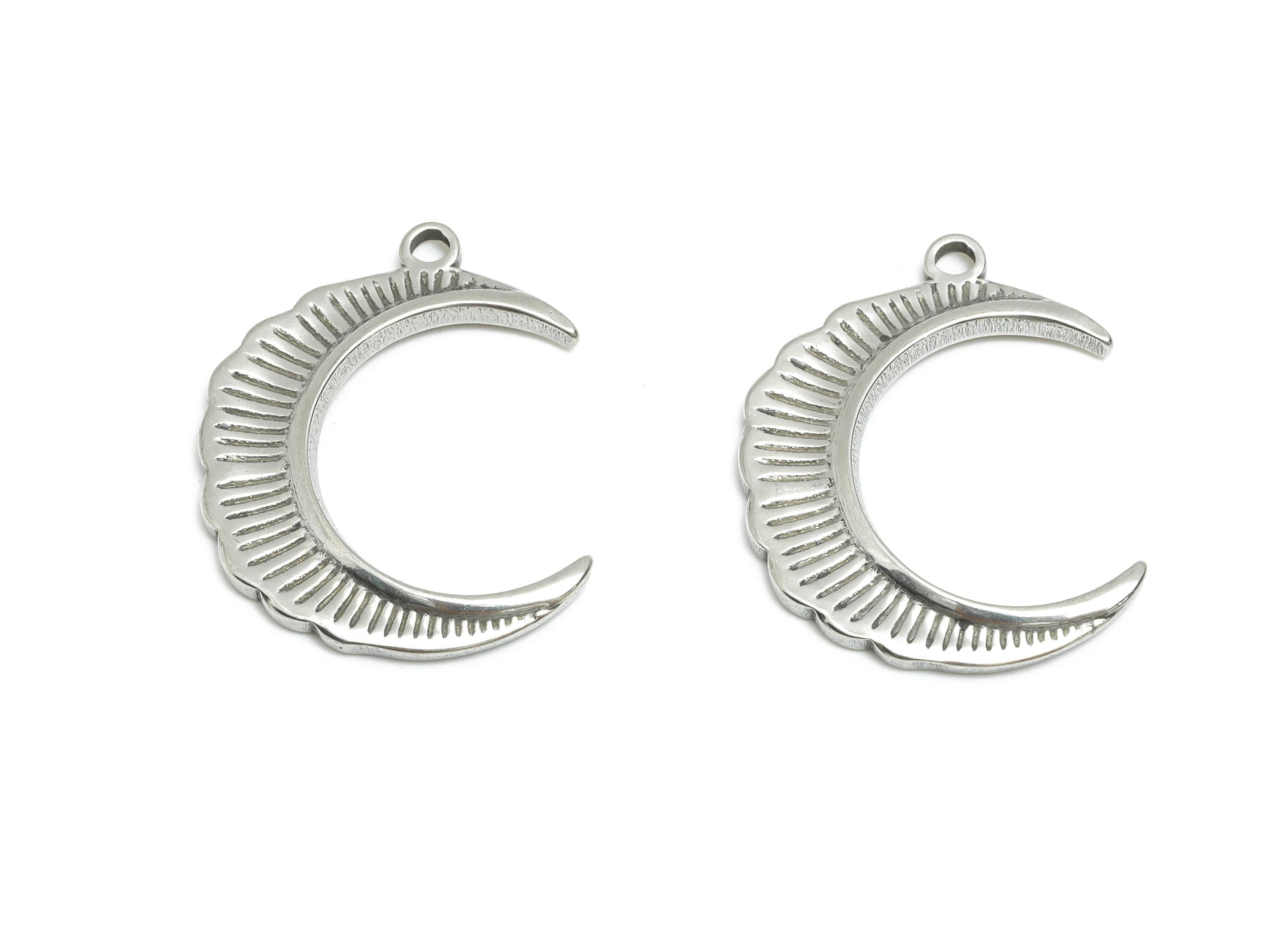 Steel Crescent Pendant - Textured Crescent Moon Charm for Bracelet - Vintage Celestial Pendant - Steel Jewelry - 22x18x2.17mm - SS1943 - DOMEDBAZAAR