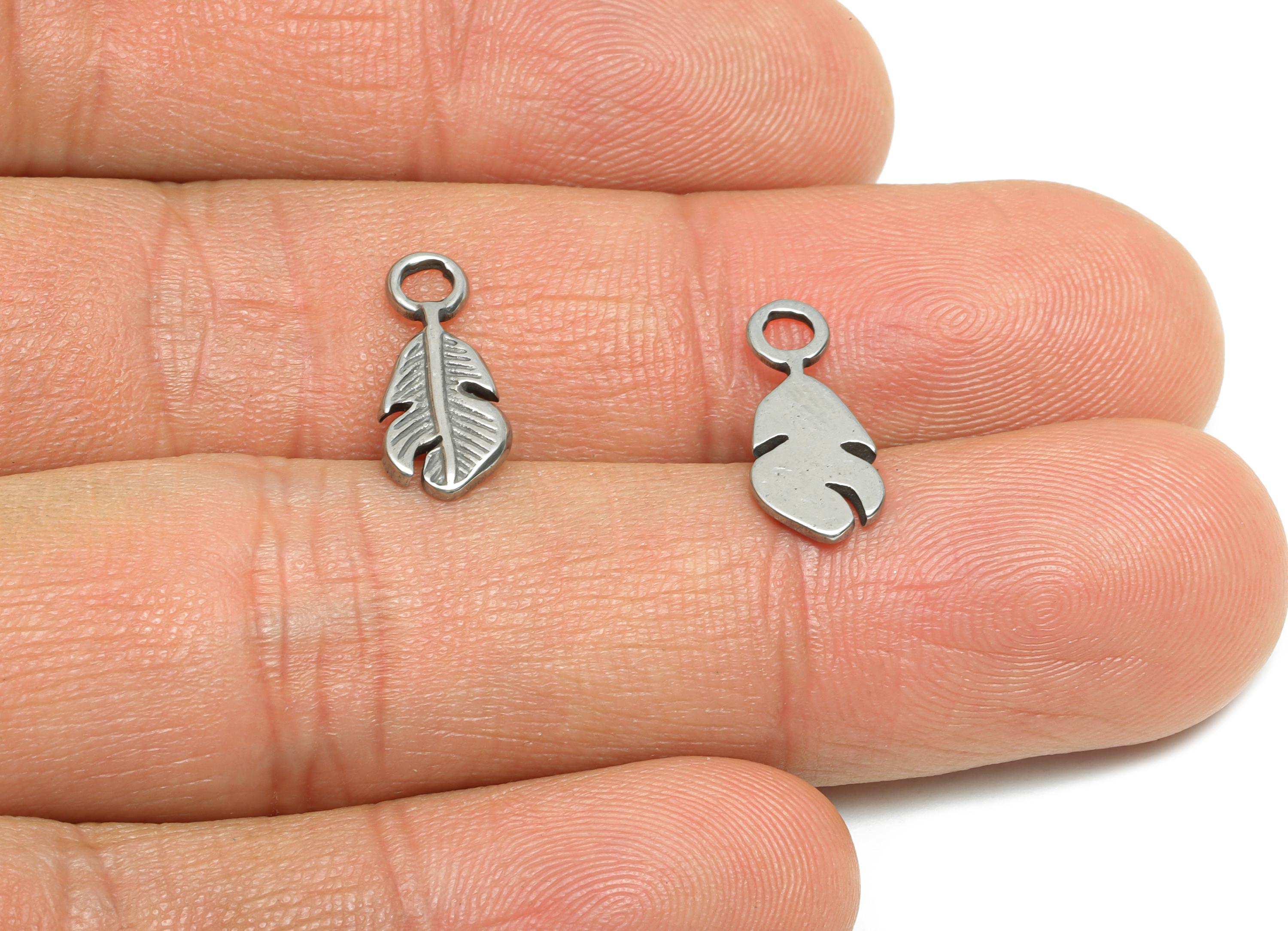 Steel Feather Charms - Delicate Feather Charm for Bracelet - Silver Steel Craft Supplies - Minimalist Jewelry Making - 15x6.69x1mm - SS1853 - DOMEDBAZAAR