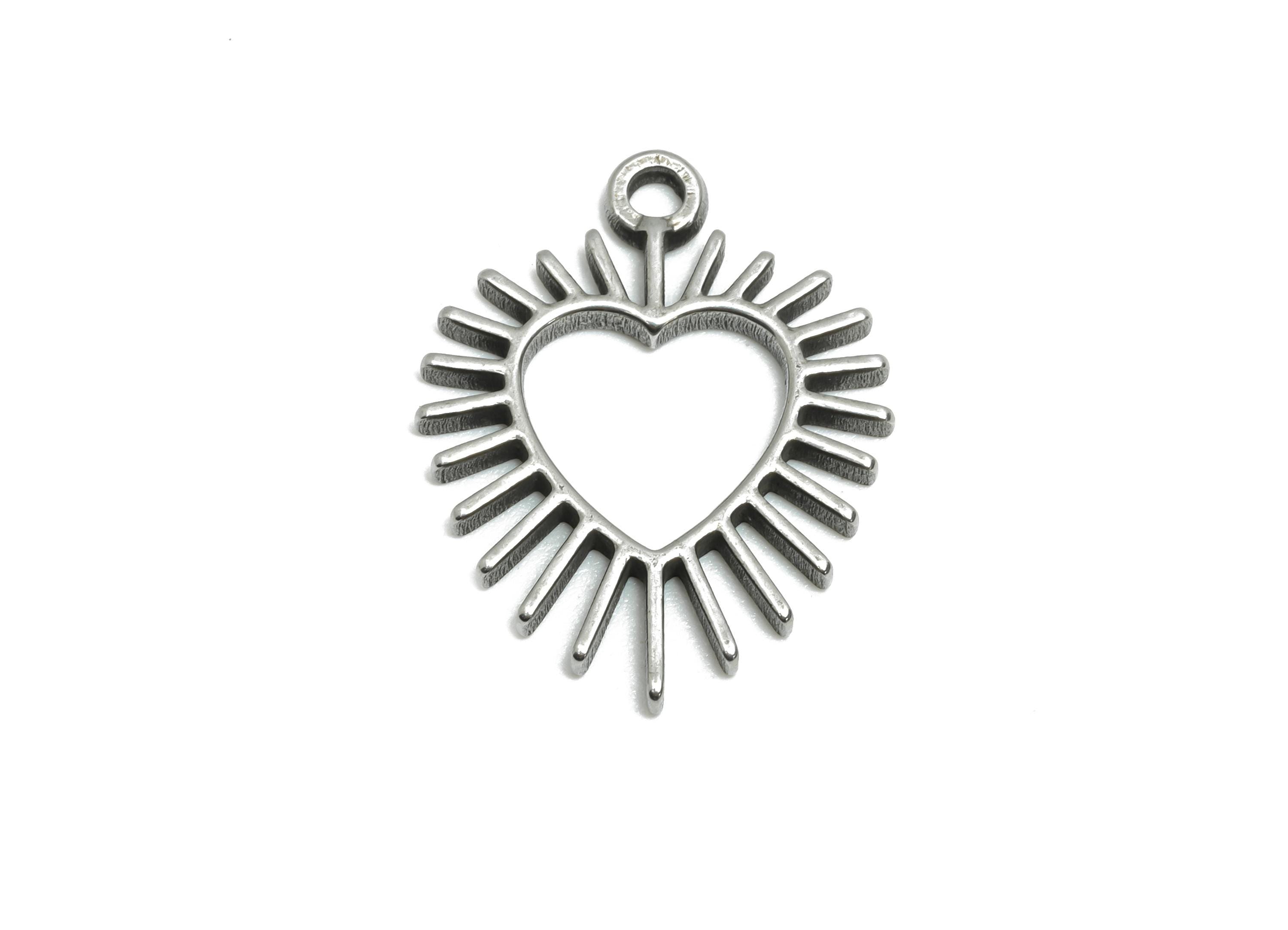 Steel Heart Pendant - Sunburst Heart Charm for Bracelet - Sunshine Vintage Heart Pendant For DIY - Steel Jewelry - 20x15x1.64mm - SS1944 - DOMEDBAZAAR