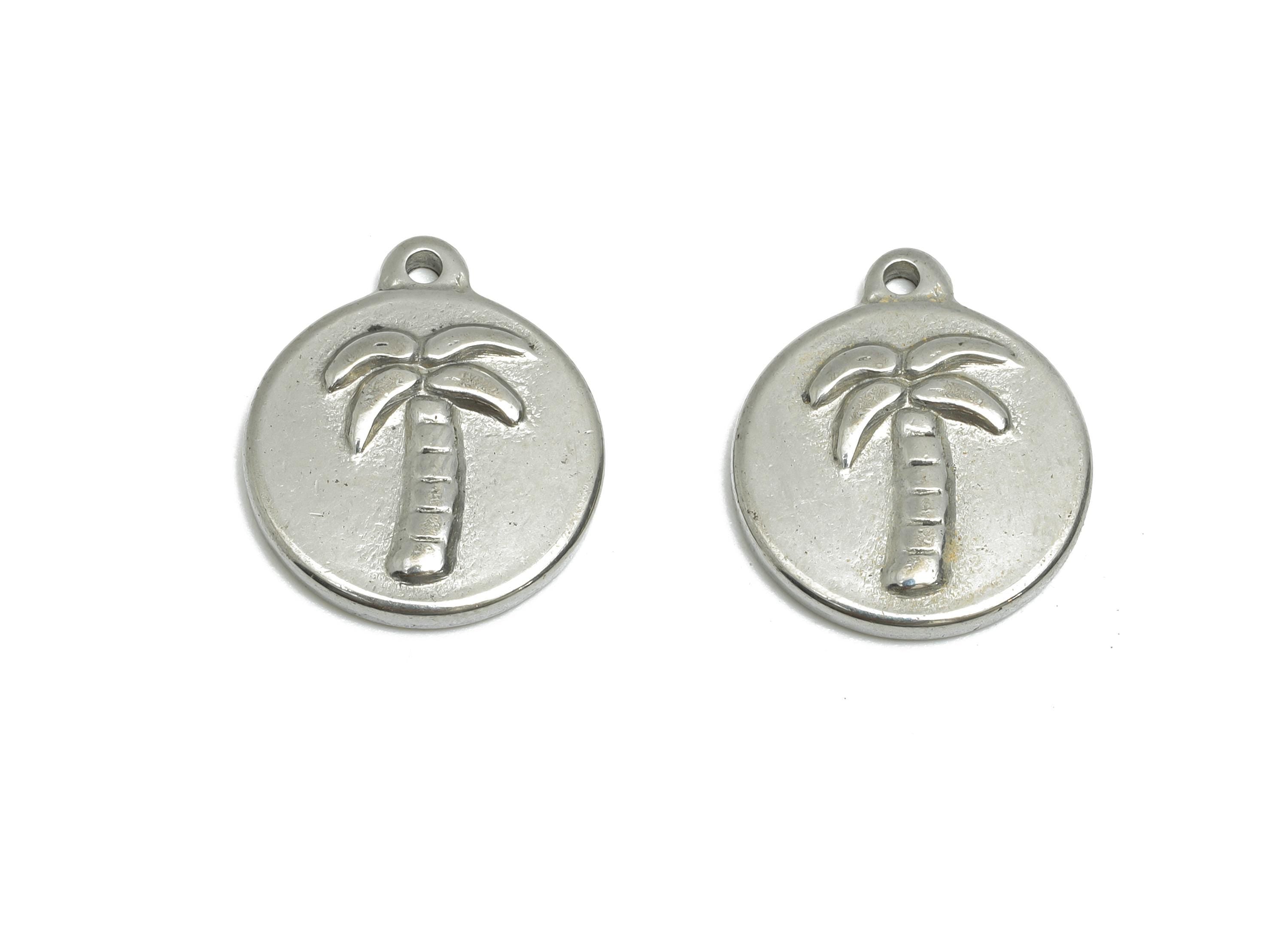 Steel Palm Tree Pendant - Tropical Charm for Necklace - Boho Tropical Vacation Accessory - Stainless Steel Jewelry - 16x14x2.57mm - SS1962 - DOMEDBAZAAR