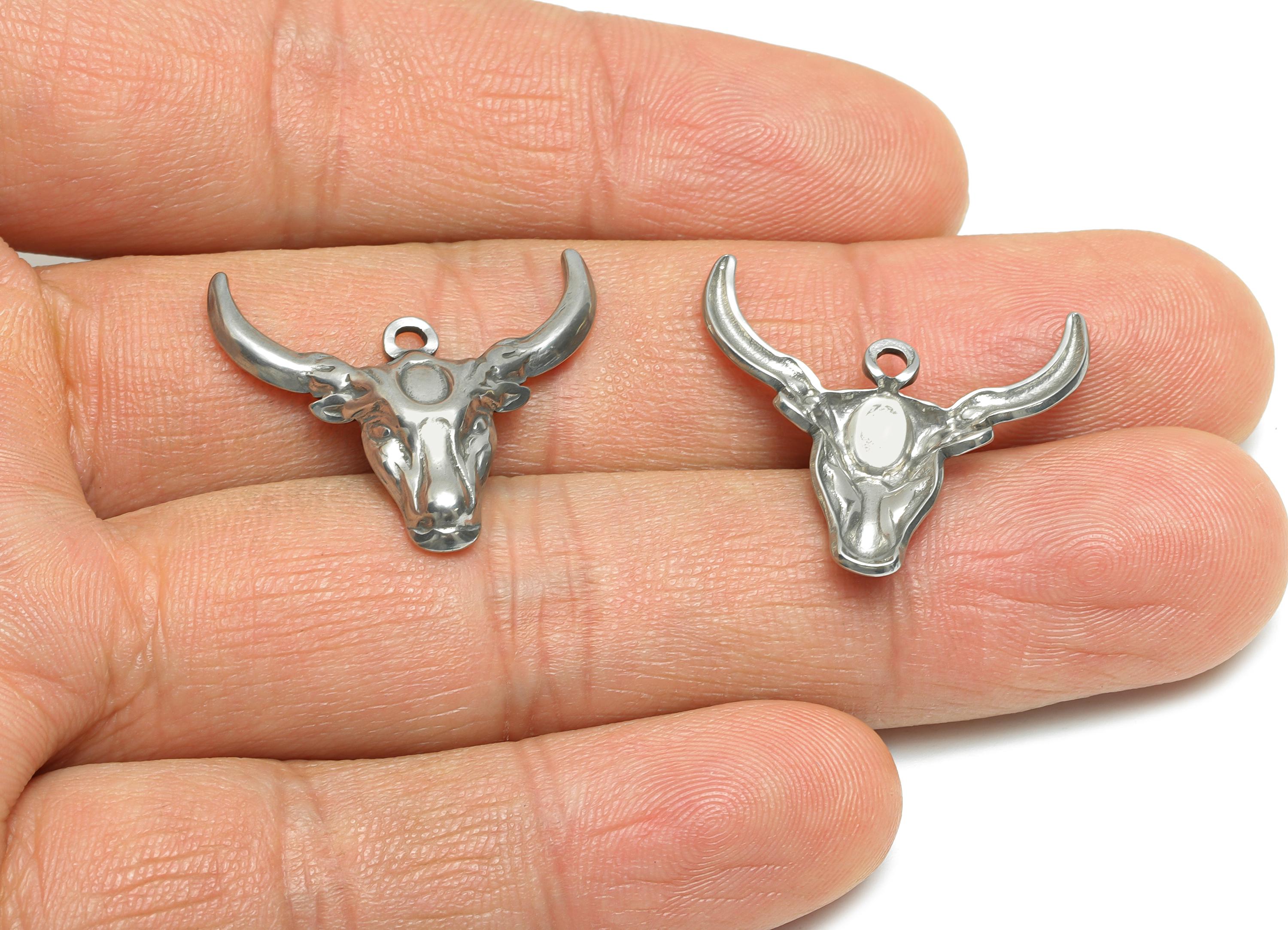 Stainless Steel Cow Head Pendant - Steel Animal Pendant for Necklace - Textured Silver Charm - Steel Jewelry Making - 22.64x25x3mm - SS1937 - DOMEDBAZAAR