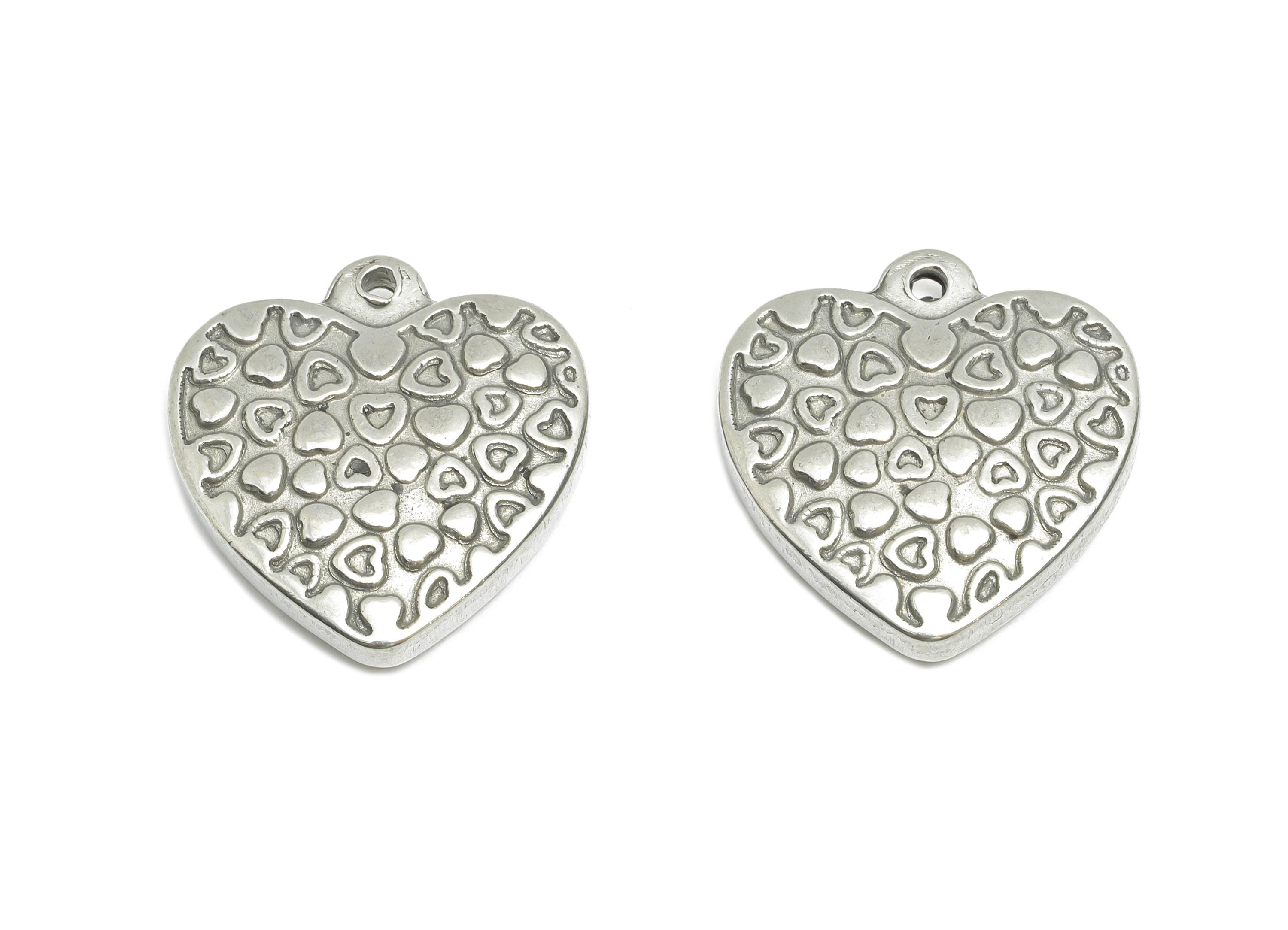 Stainless Steel Heart Charm - Textured Silver Heart Pendant for Necklace - Metal Embossed Heart Design - Steel Jewelry - 21x20x4mm - SS1755 - DOMEDBAZAAR