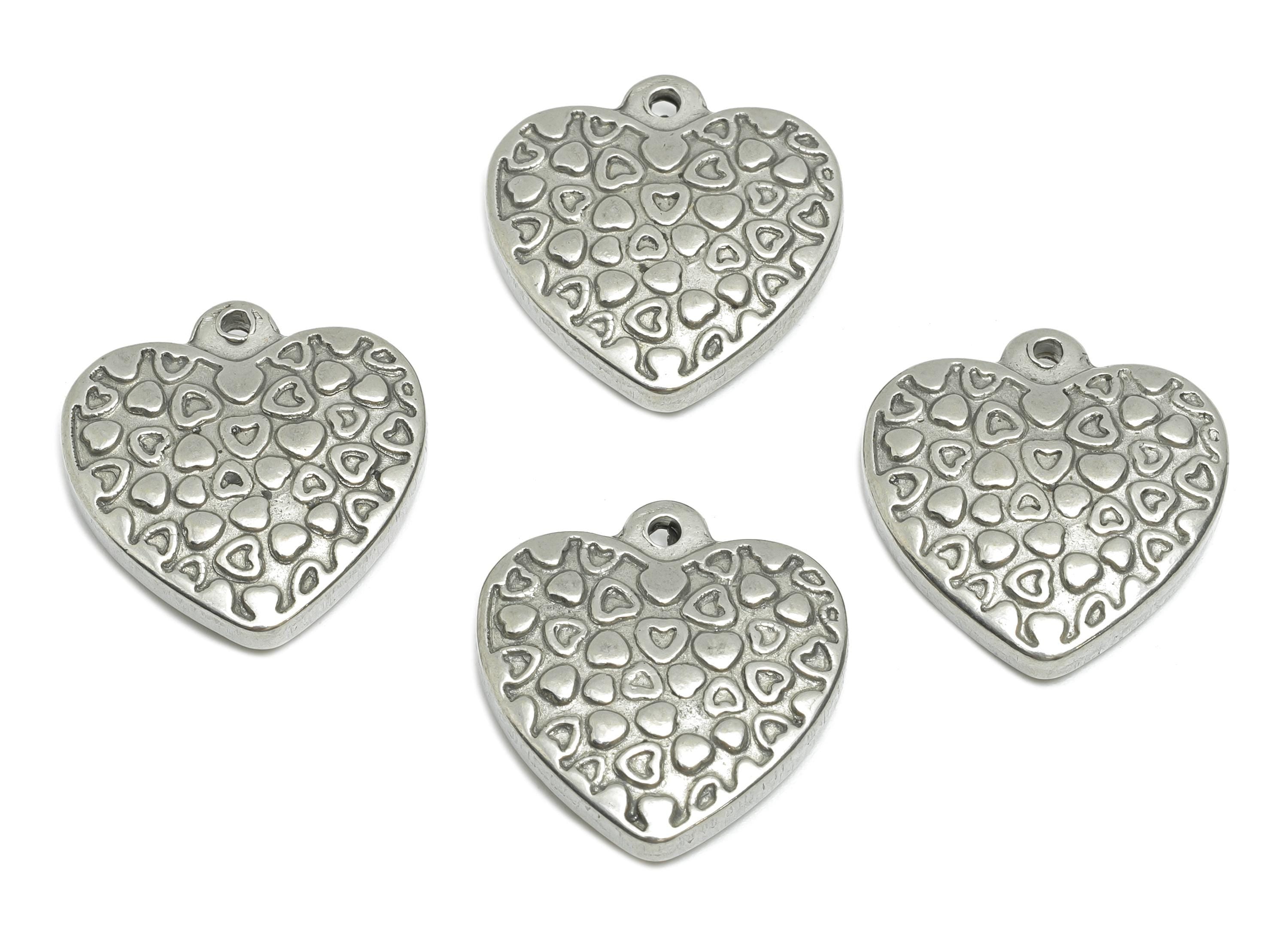 Stainless Steel Heart Charm - Textured Silver Heart Pendant for Necklace - Metal Embossed Heart Design - Steel Jewelry - 21x20x4mm - SS1755 - DOMEDBAZAAR