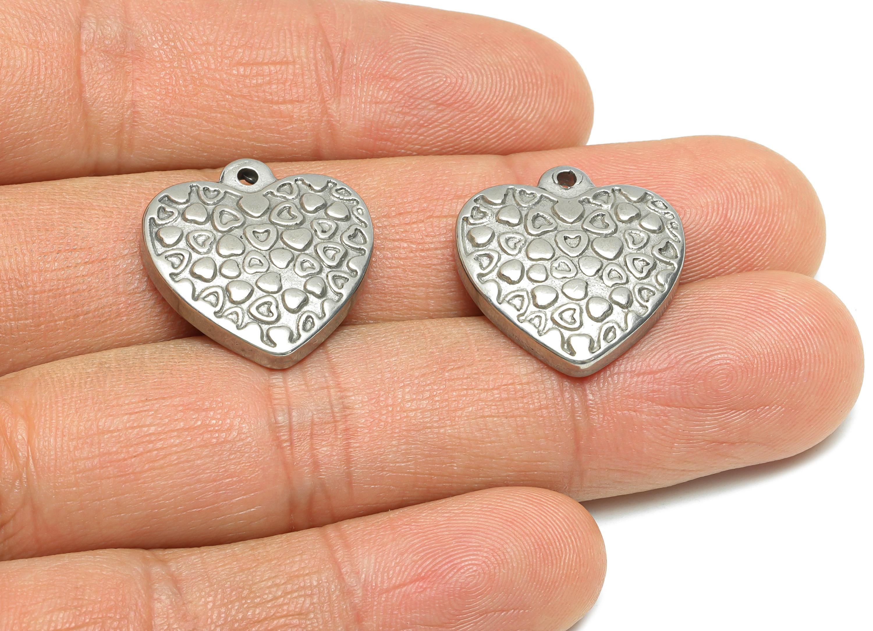Stainless Steel Heart Charm - Textured Silver Heart Pendant for Necklace - Metal Embossed Heart Design - Steel Jewelry - 21x20x4mm - SS1755 - DOMEDBAZAAR
