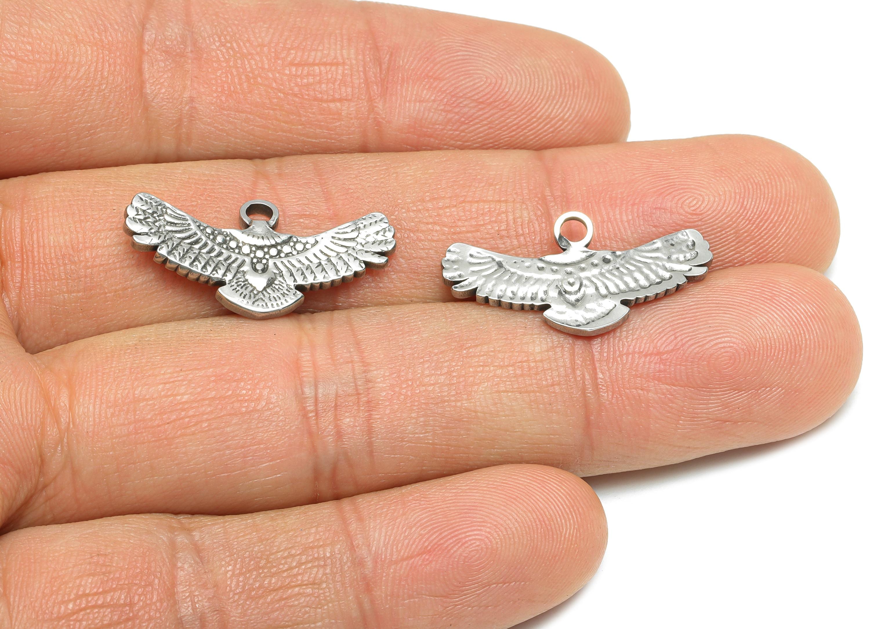 Stainless Steel Eagle Wing Charm - Textured Bird Pendant for Necklace - Freedom Detailed Feathers - Steel Jewelry - 25x12x1.81mm - SS1843 - DOMEDBAZAAR