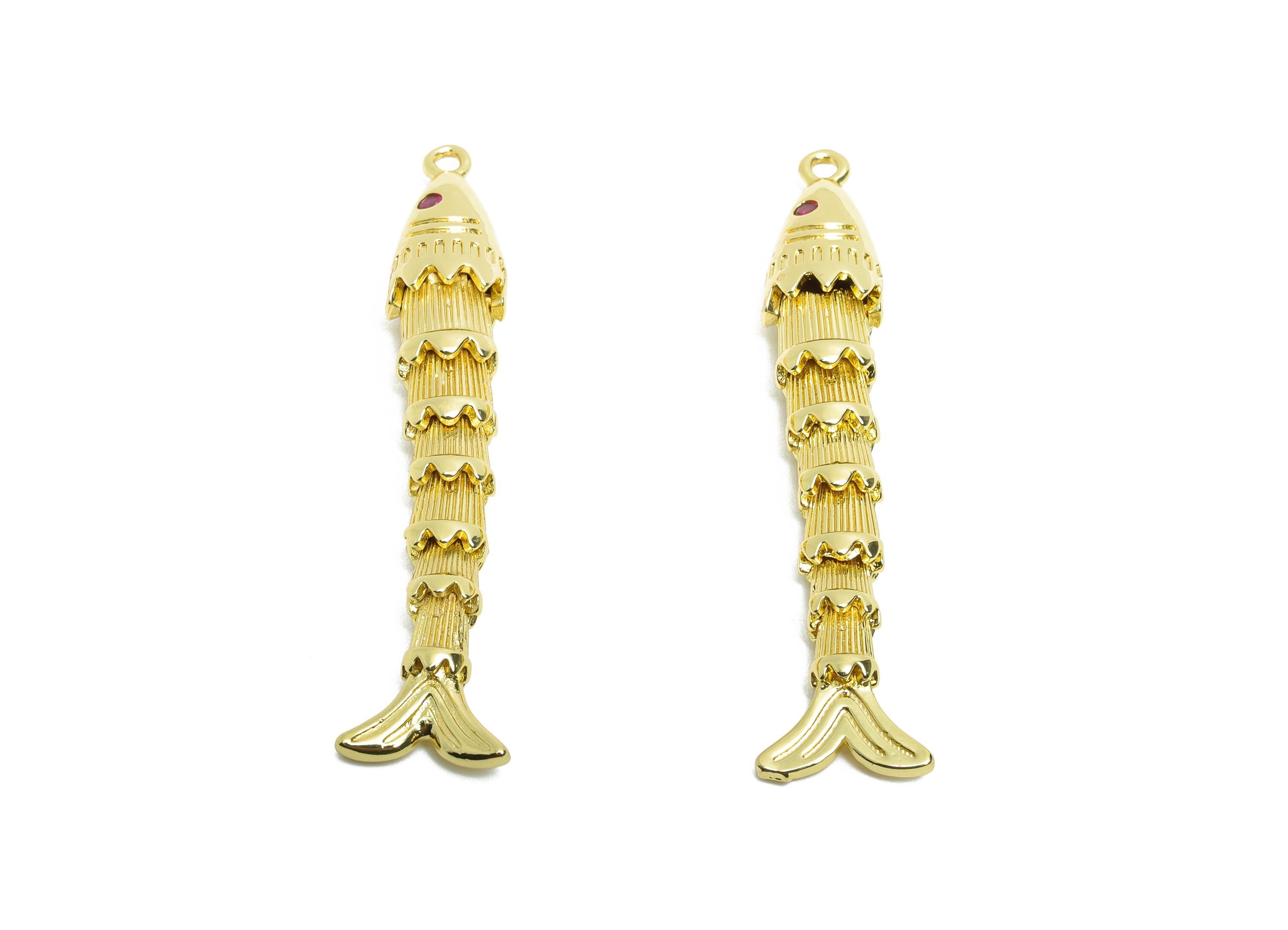 Movable 3D Articulated Fish Charm - Brass CZ Articulated Fish Flexible Pendant - Marine Pendant - 18K Real Gold Plated - 48x8x6mm - RGP10745 - DOMEDBAZAAR