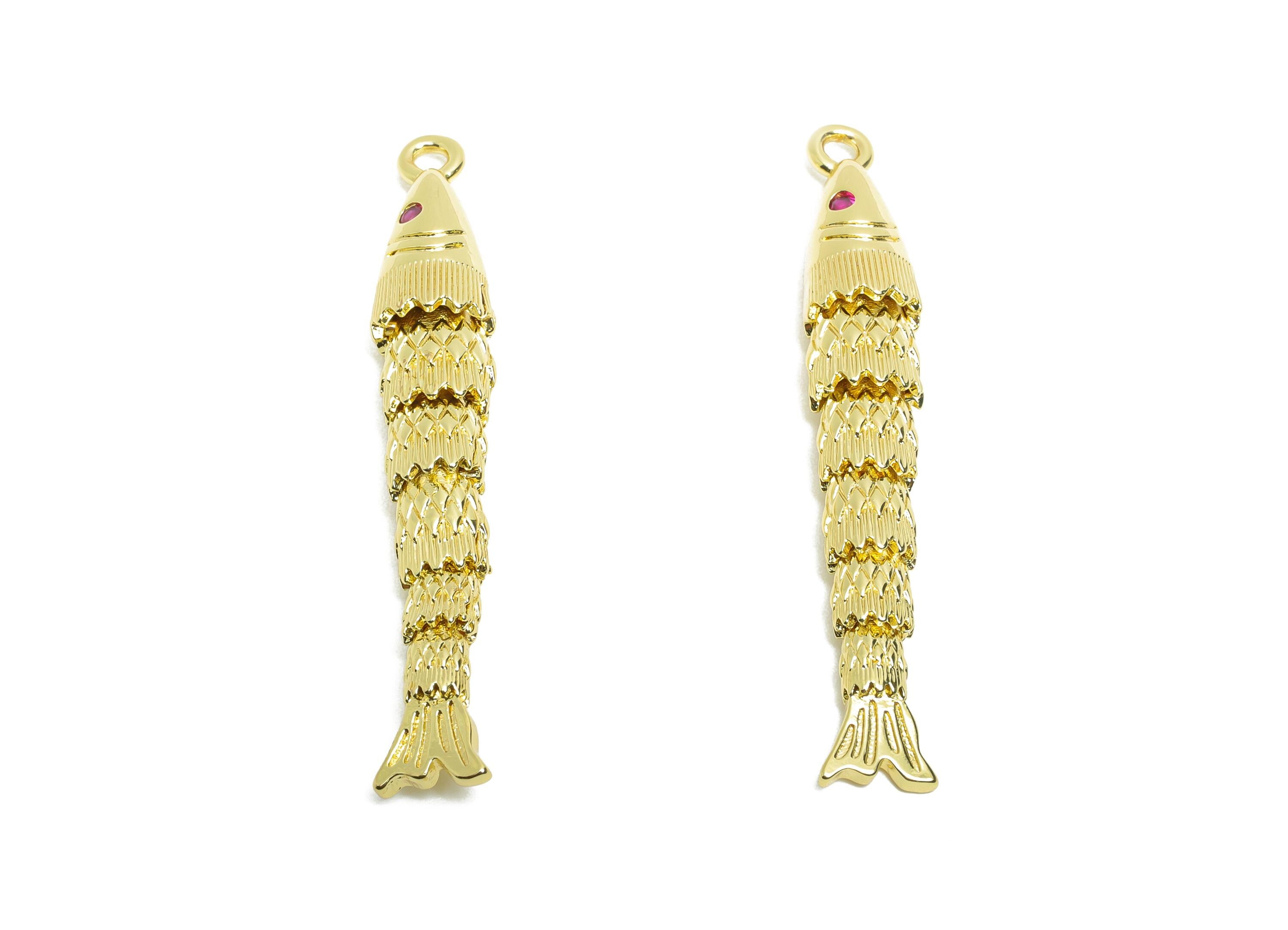 43mm Movable 3D Articulated Fish Charm - Brass CZ Articulated Fish Flexible  Marine Pendant - 18K Real Gold Plated - 43x6x6mm - RGP10751 - DOMEDBAZAAR