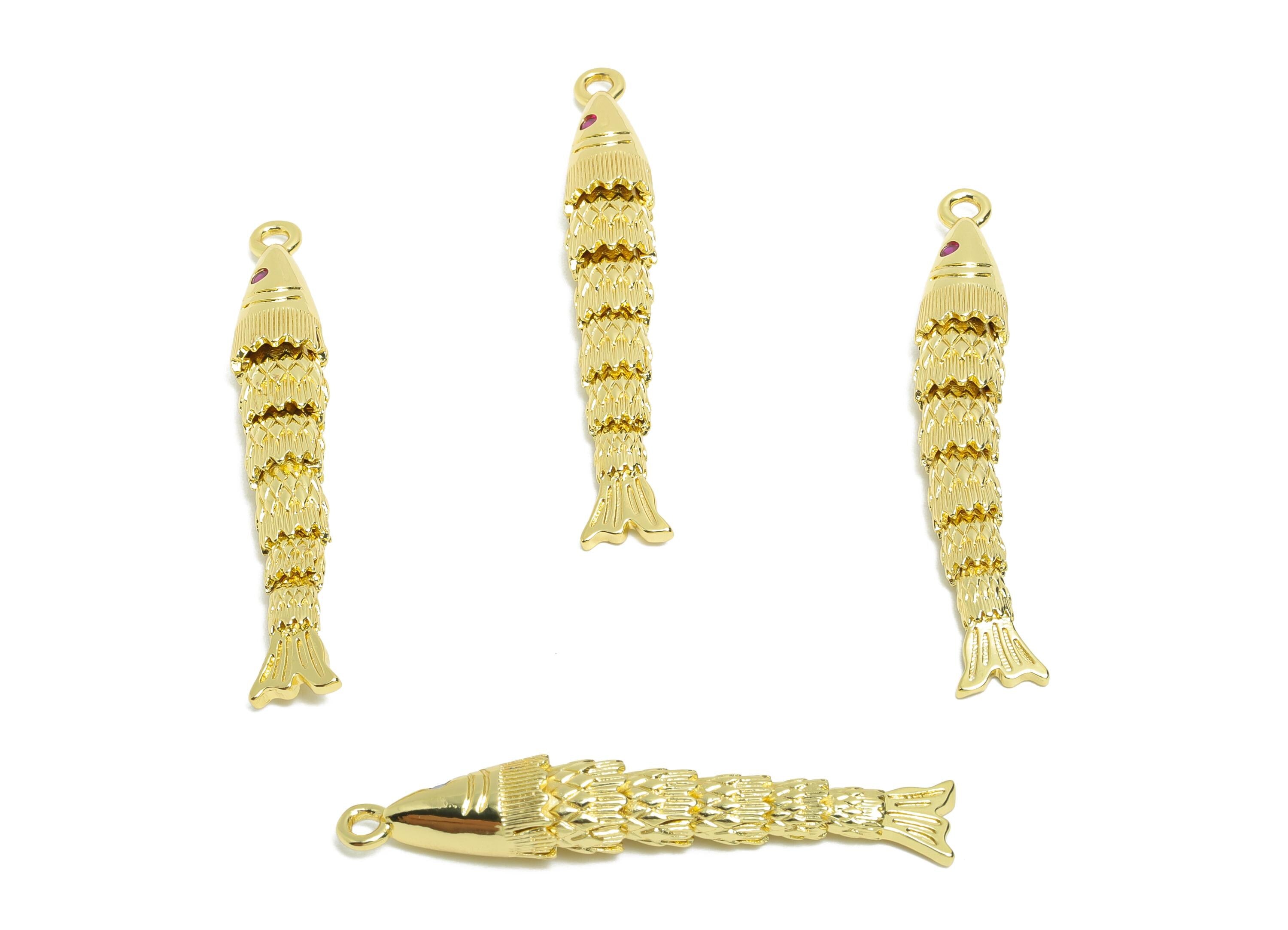 43mm Movable 3D Articulated Fish Charm - Brass CZ Articulated Fish Flexible  Marine Pendant - 18K Real Gold Plated - 43x6x6mm - RGP10751 - DOMEDBAZAAR
