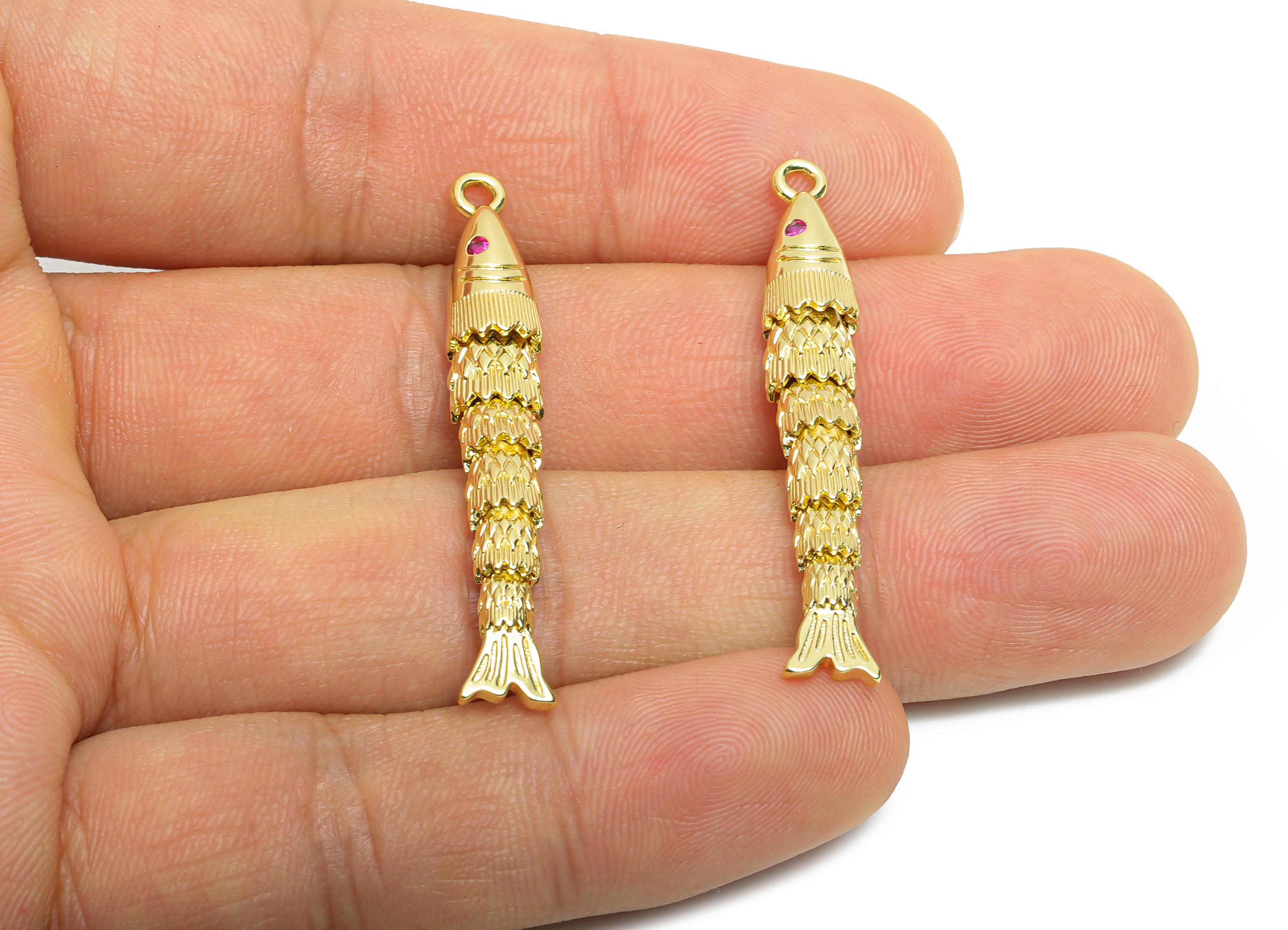 43mm Movable 3D Articulated Fish Charm - Brass CZ Articulated Fish Flexible  Marine Pendant - 18K Real Gold Plated - 43x6x6mm - RGP10751 - DOMEDBAZAAR
