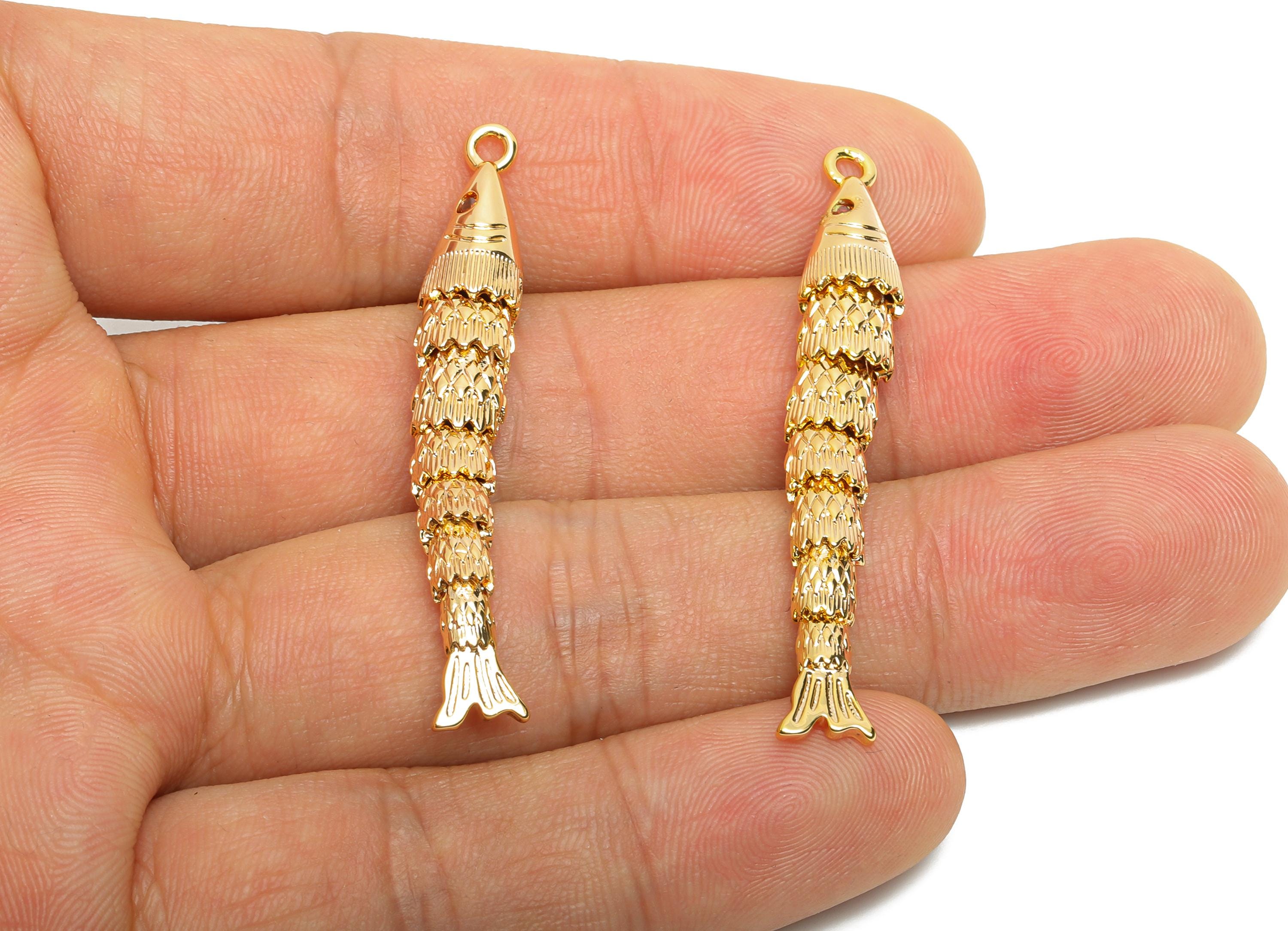 Dainty Gold Cloisonne Fish Charm - Brass Movable Fish Pendant - CZ Handmade Articulated Fish - 18K Real Gold Plated - 43x6.6x5.7mm -RGP10531 - DOMEDBAZAAR