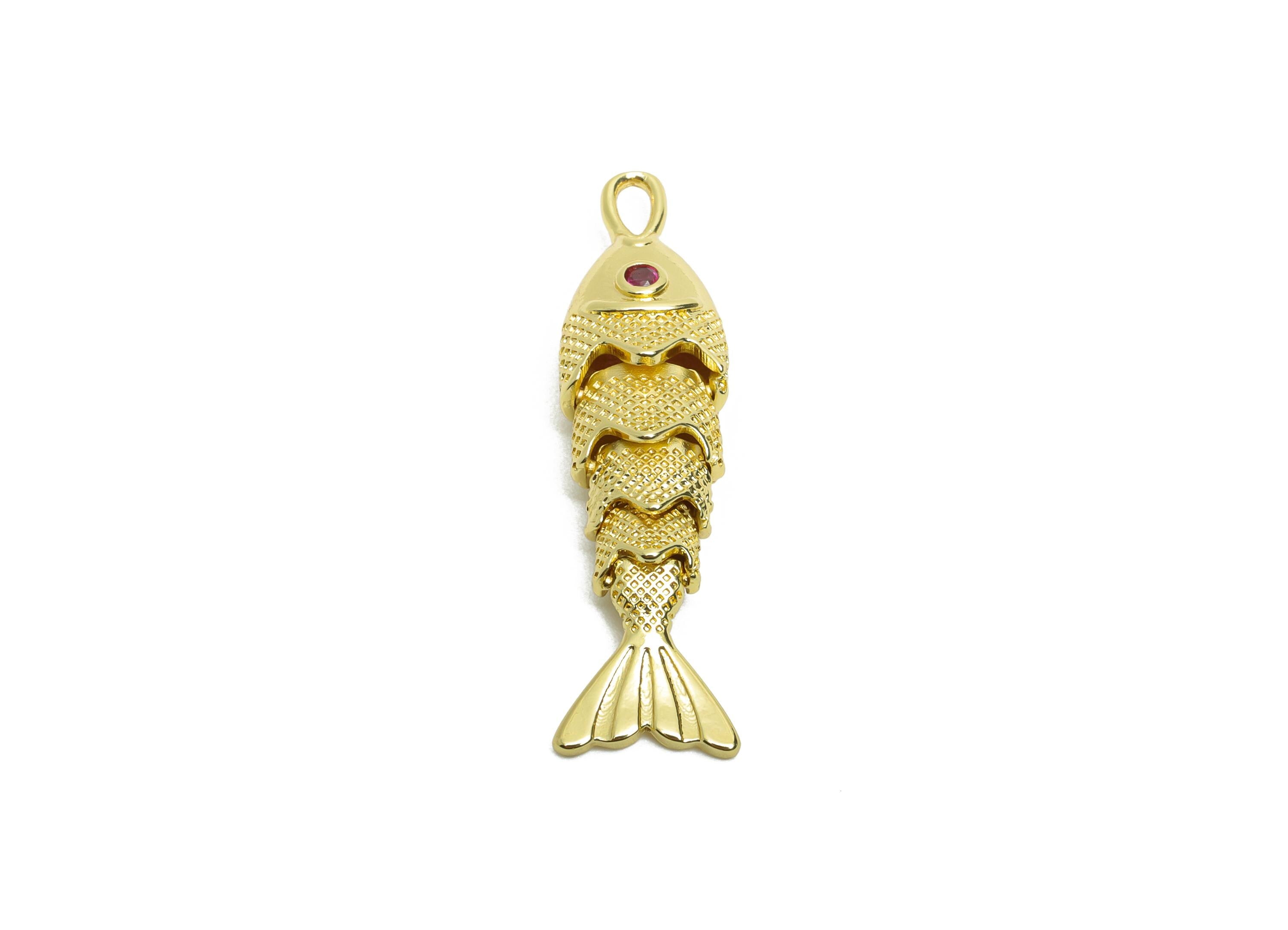 Movable 3D Articulated Fish Charm - Brass Textured CZ Articulated Flexible Marine Pendant - 18K Real Gold Plated - 33x8.5x6.57mm - RGP10748 - DOMEDBAZAAR