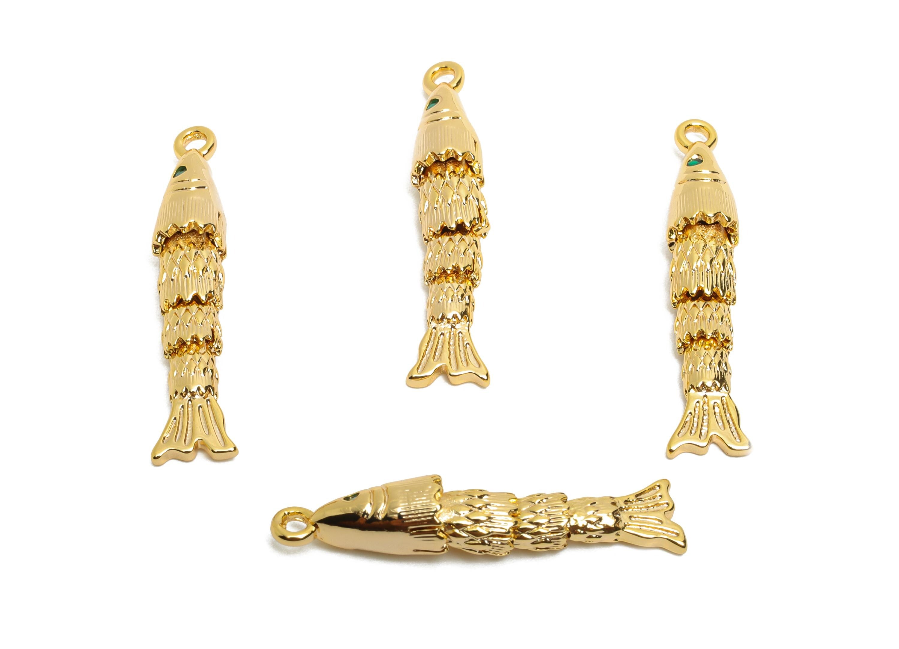 Brass Cloisonne Fish Charm - Unique Gold Movable Fish Pendant - CZ Handmade Articulated Fish - 18K Real Gold Plated - 30x5.6x5.8mm -RGP10526 - DOMEDBAZAAR