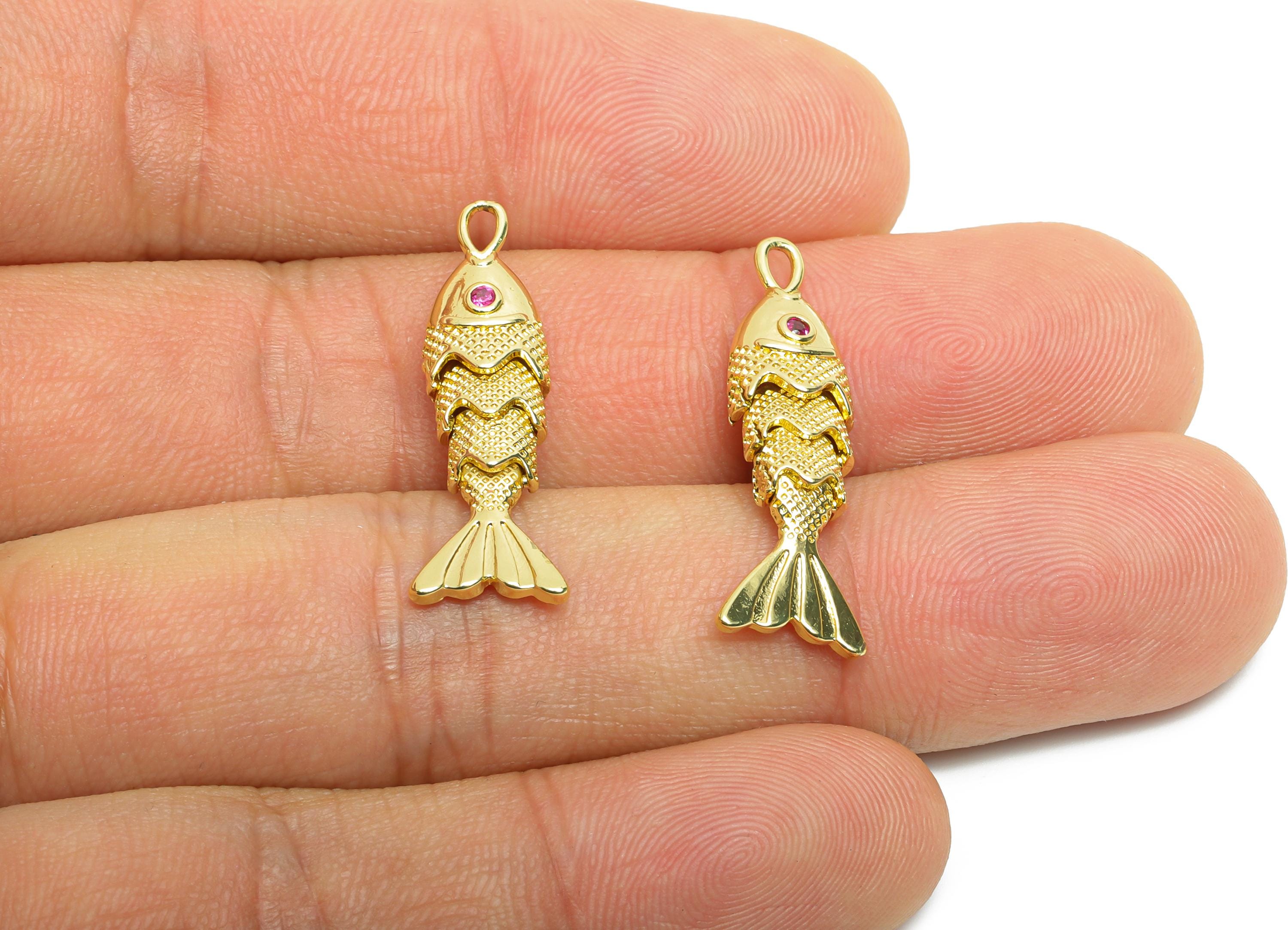 Movable 3D Articulated Fish Charm - Brass Textured Cubic Zircon Flexible Marine Pendant - 18K Real Gold Plated - 27x7x5.31mm - RGP10750 - DOMEDBAZAAR