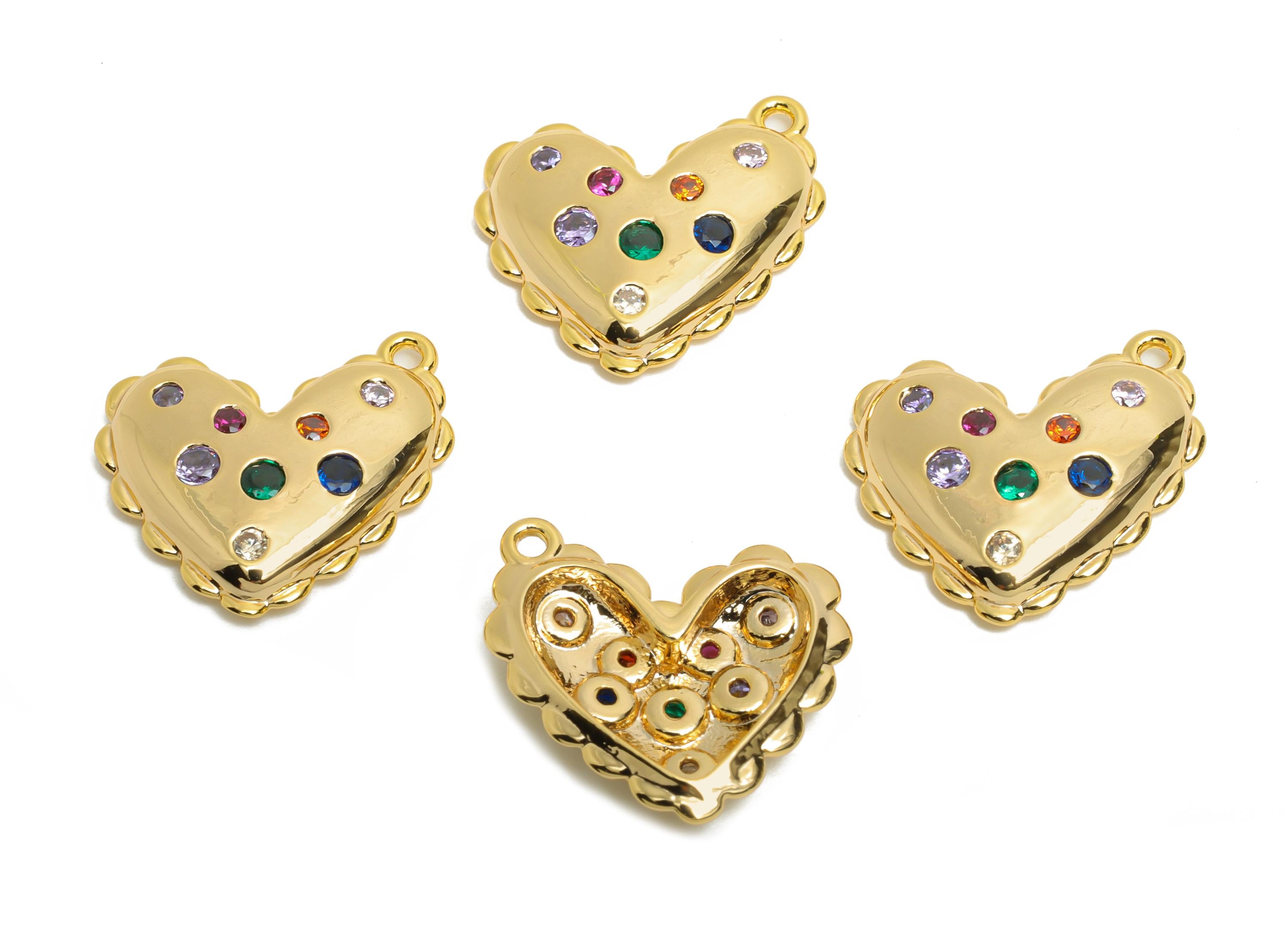 Sparkling Gold Heart Charm - Brass Colorful Zircon Heart Pendant - Dainty Jewelry Supplies - 18K Real Gold Plated - 16.8x15x3.6mm - RGP10500 - DOMEDBAZAAR