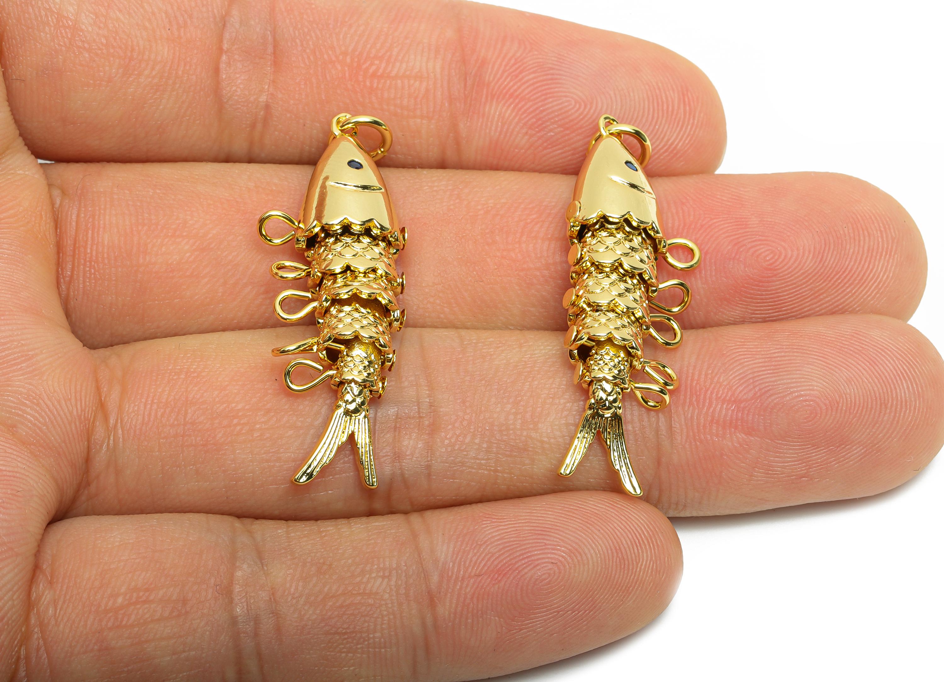 Movable 3D Articulated Fish Charm - Brass Flexible Marine Pendant - Textured Fish With Loop - 18K Real Gold Plated - 43x13x7mm - RGP10741 - DOMEDBAZAAR