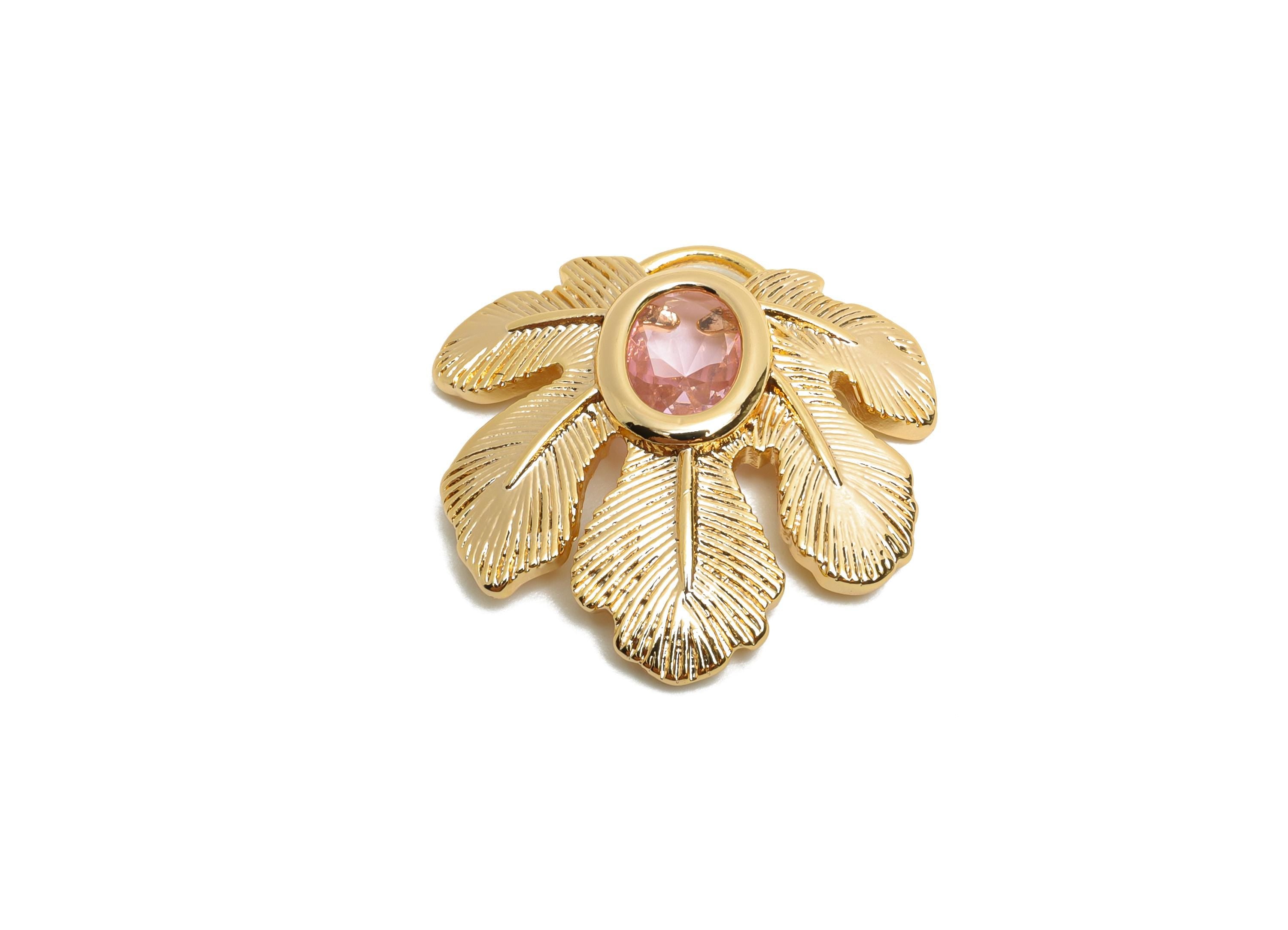 Brass Leaf Charms - Gold Crystal Tropical Leaf Charm - Elegant Pink Crystal Botanical Pendant - 18K Real Gold Plated - 22x22x4mm - RGP10496 - DOMEDBAZAAR