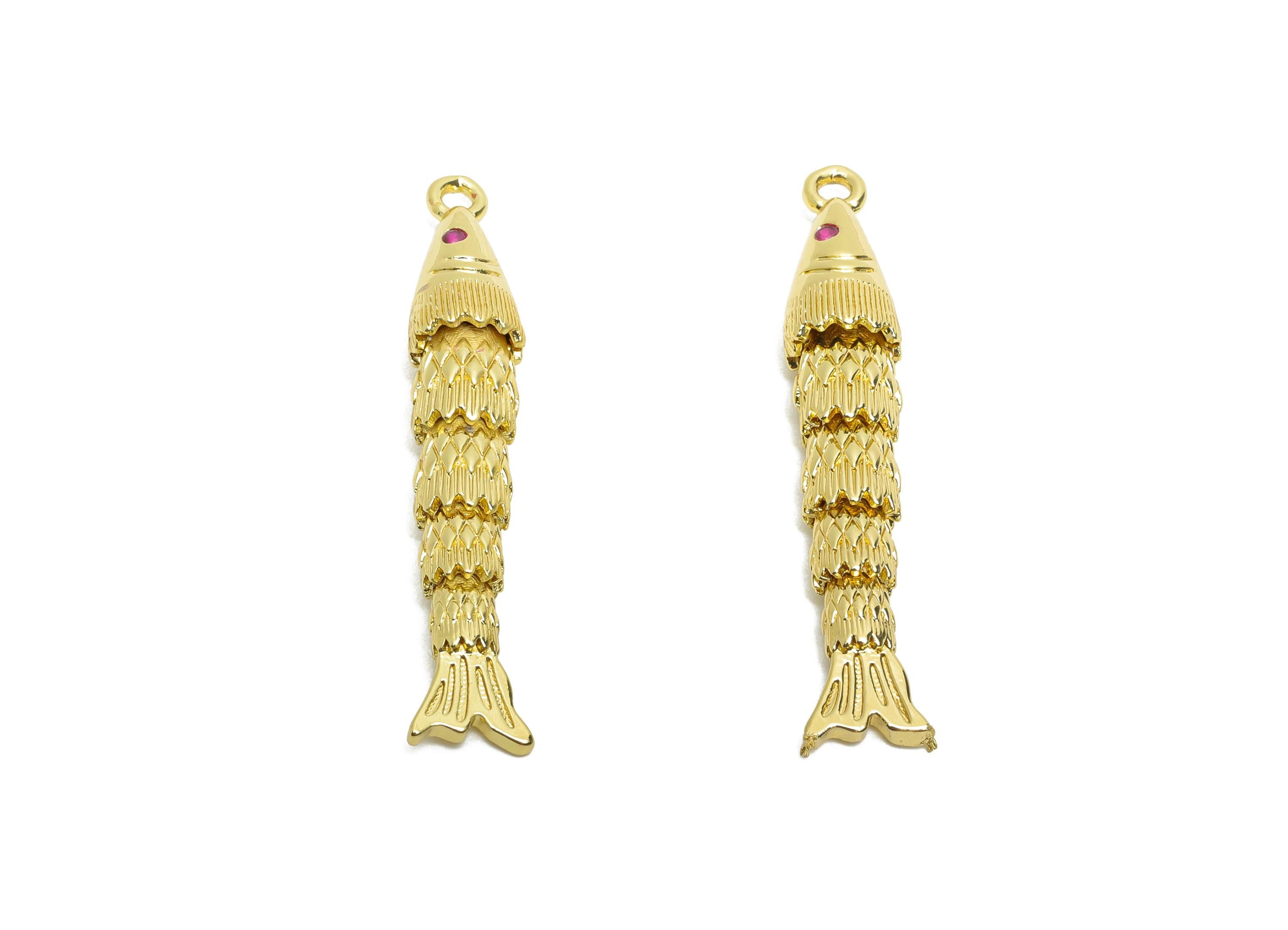 Brass Cloisonne Fish Charm - Unique Gold Movable Fish Pendant - CZ Realistic 3D Fish Pendant - 18K Real Gold Plated - 35x6x5mm -RGP10753 - DOMEDBAZAAR