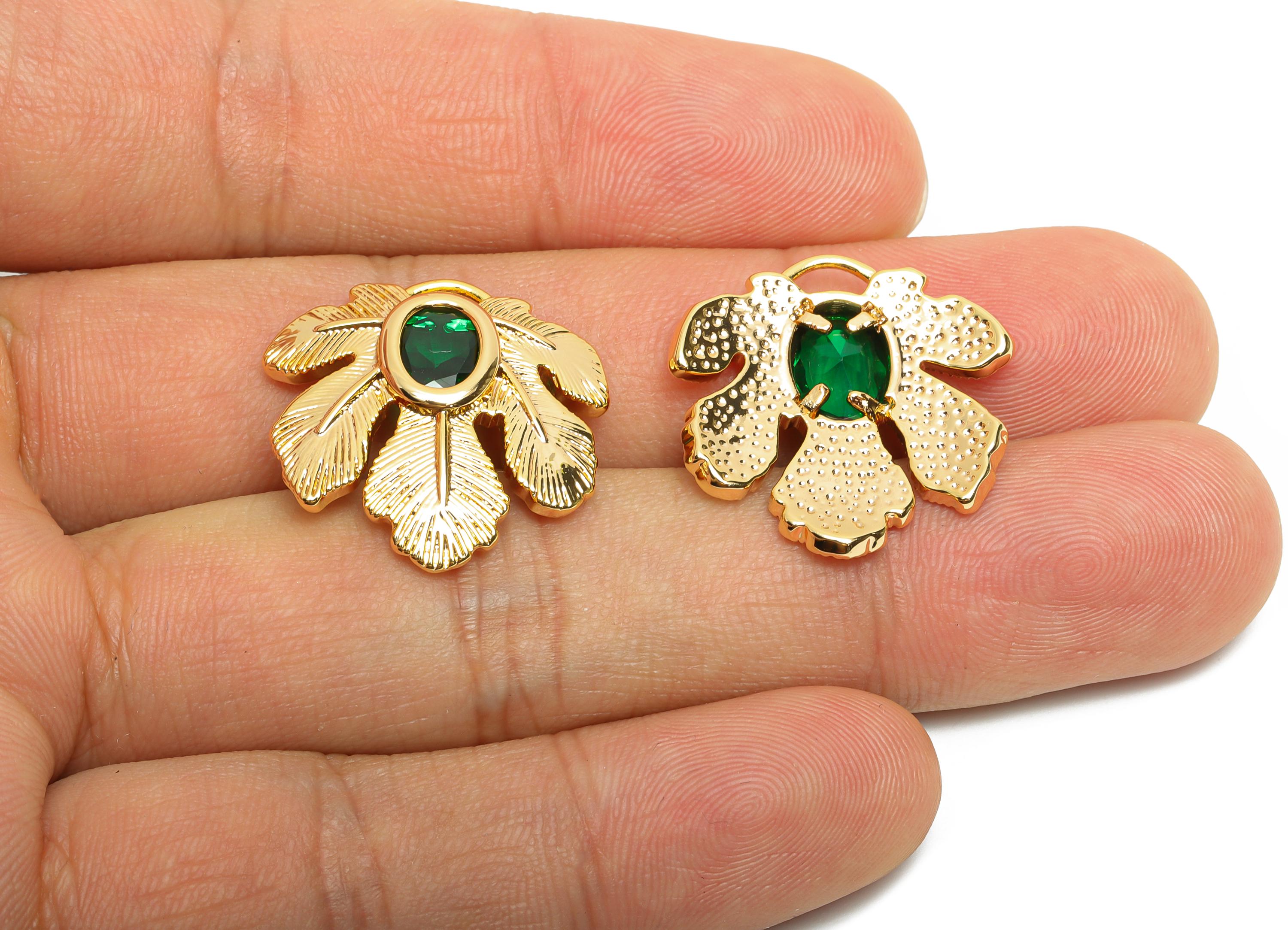 Brass Leaf Charms - Gold Crystal Tropical Leaf Charm - Elegant Green Crystal Botanical Pendant - 18K Real Gold Plated - 22x22x4mm - RGP10497 - DOMEDBAZAAR
