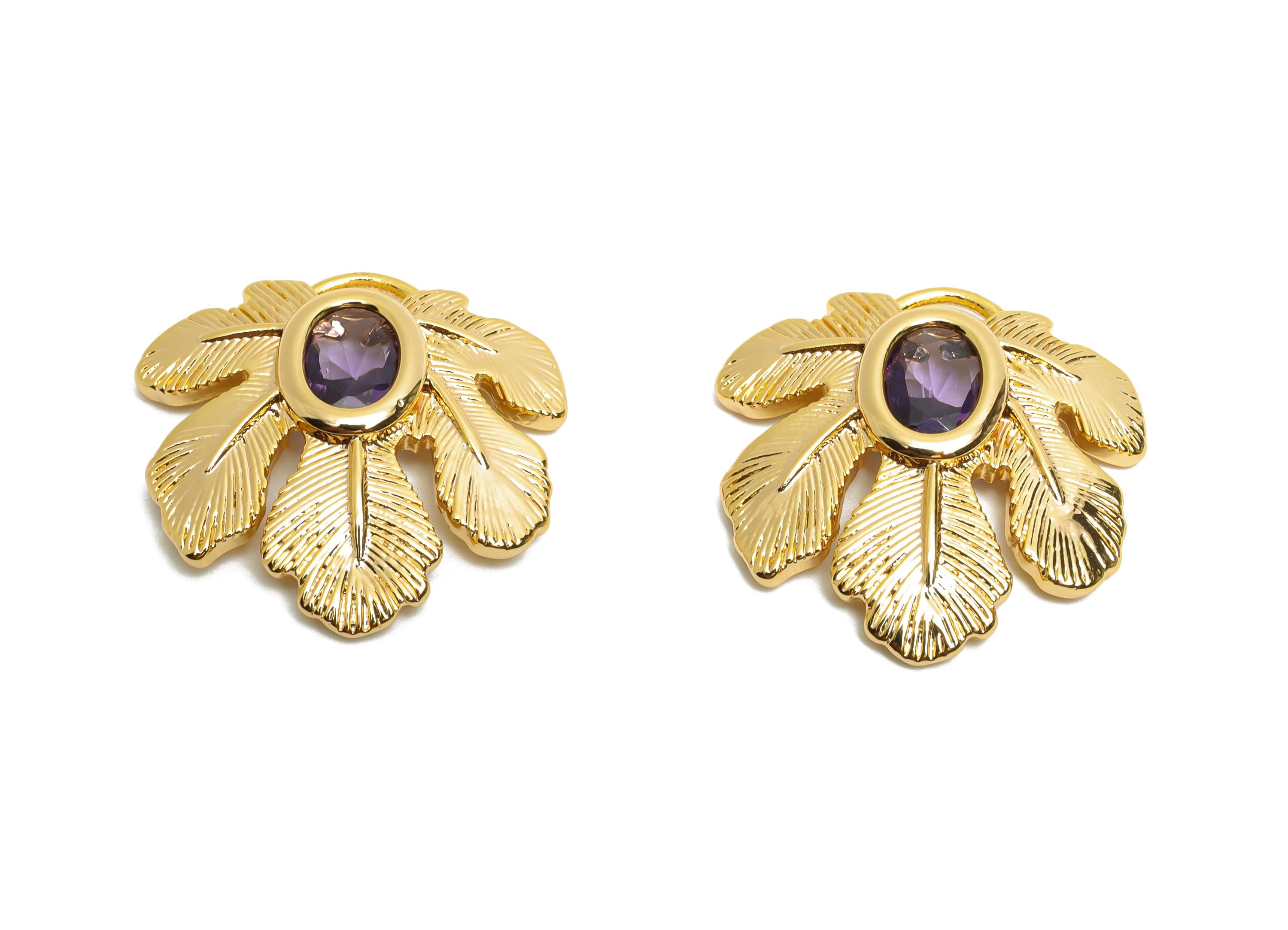 Dainty Brass Leaf Charms - Gold Crystal Tropical Leaf Charm - Chic Purple Crystal Botanical Pendant - 18K Gold Plated - 22x22x4mm - RGP10498 - DOMEDBAZAAR